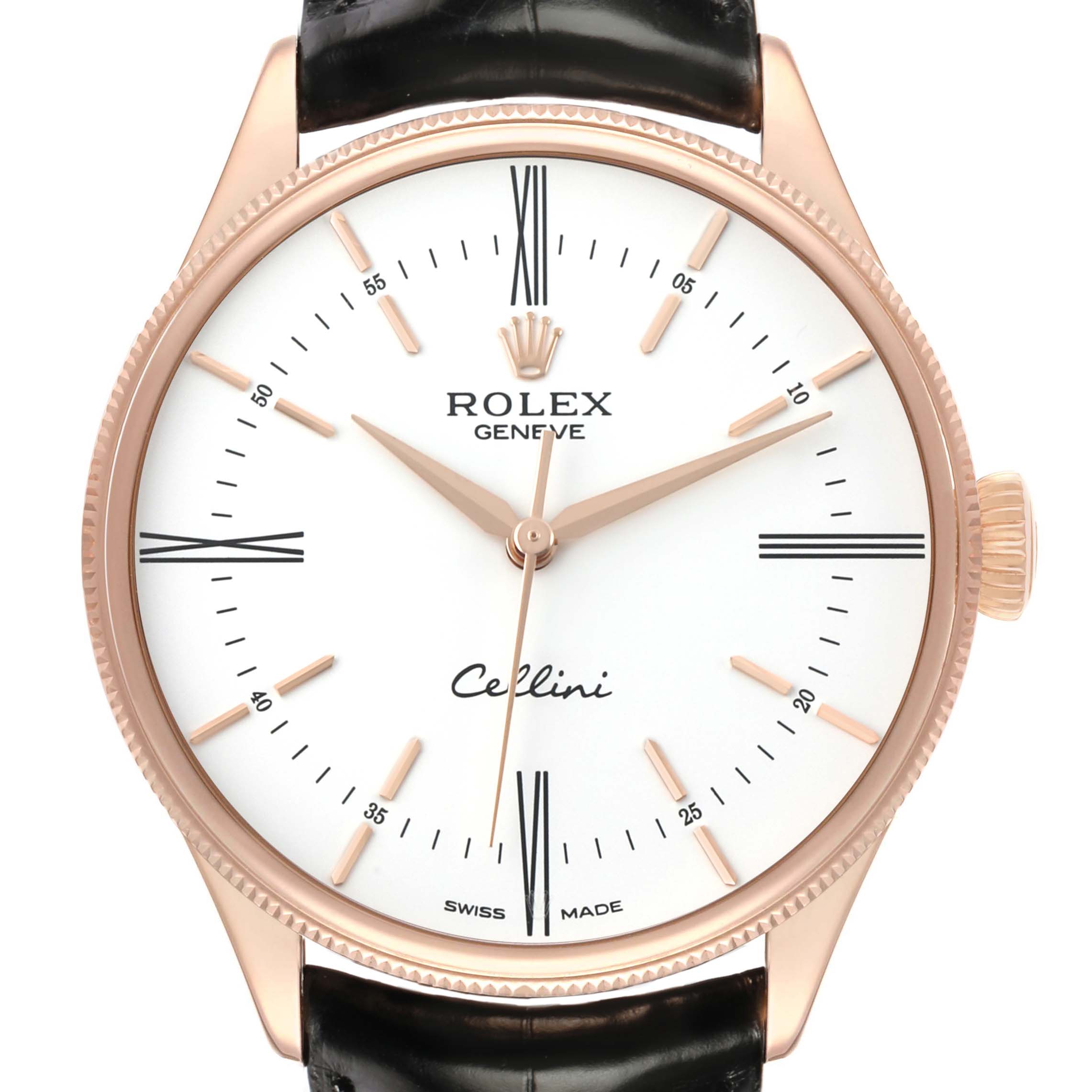 The Rolex Cellini 50505 Men's Rose Gold White Dial watch is shown from a front angle, highlighting the dial, hands, indices, and part of the black leather strap.