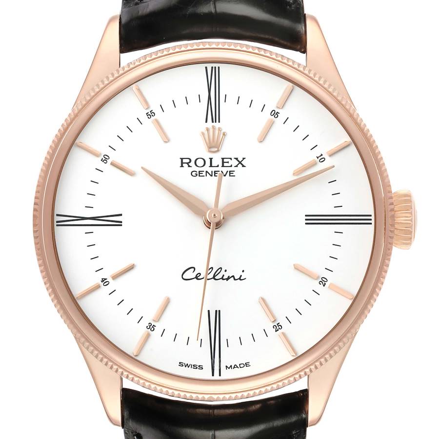 The Rolex Cellini 50505 Men's Rose Gold White Dial watch is shown from a front angle, highlighting the dial, hands, indices, and part of the black leather strap.
