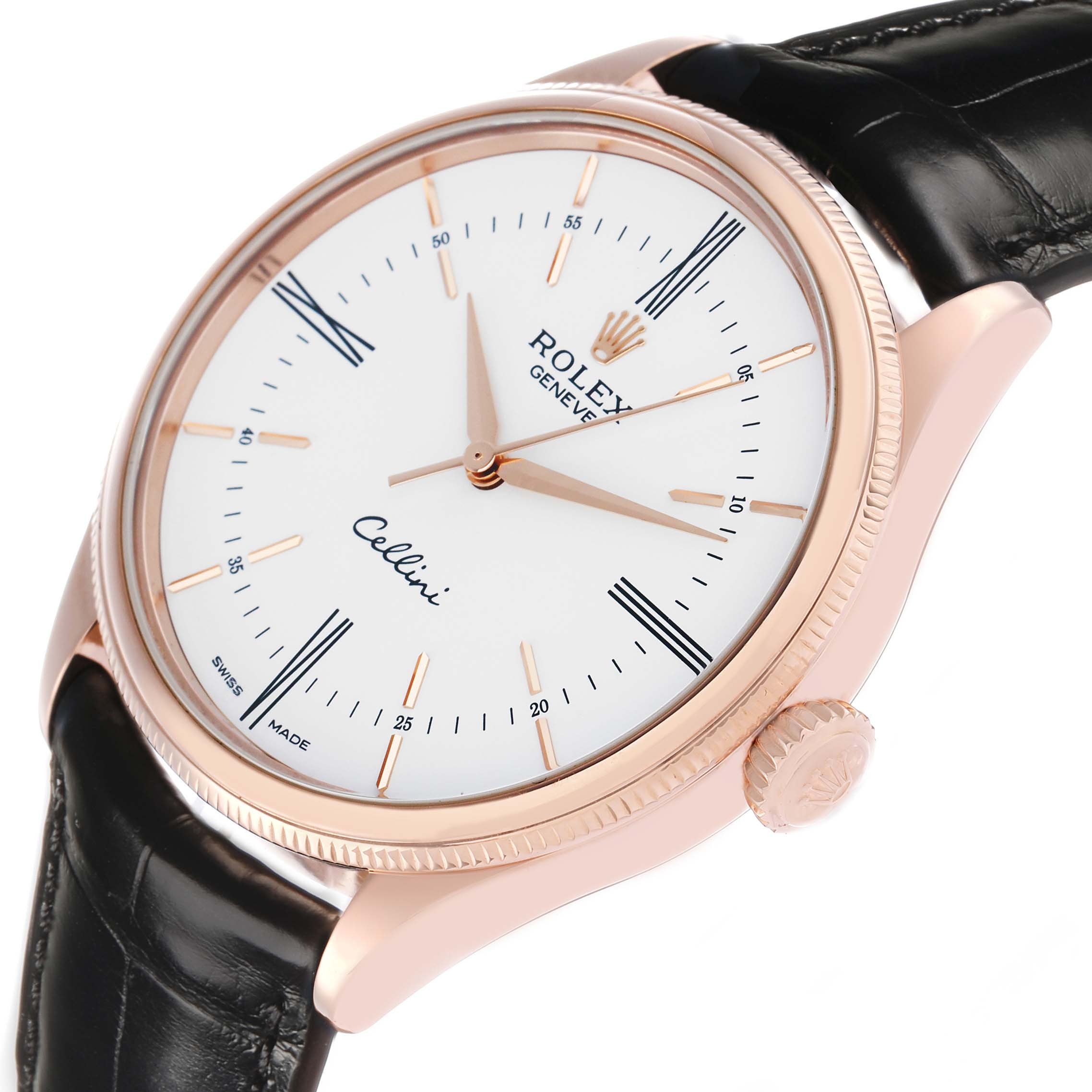 The Rolex Cellini 50505 Men's Rose Gold White Dial watch is shown from a side angle highlighting the watch face, crown, bezel, and leather strap.