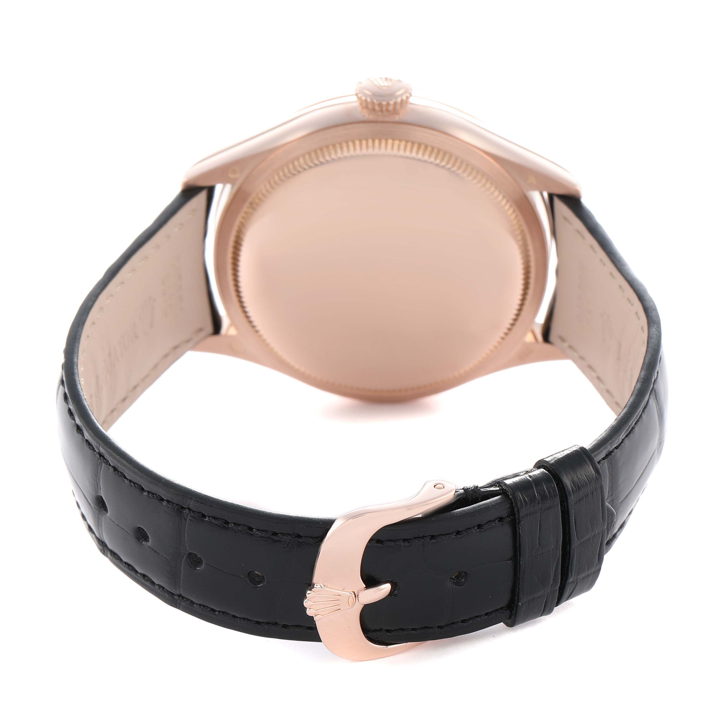 The Rolex Cellini 50505 Men's Rose Gold White Dial watch is shown from the back, highlighting the case back, crown, and black leather strap with a clasp.