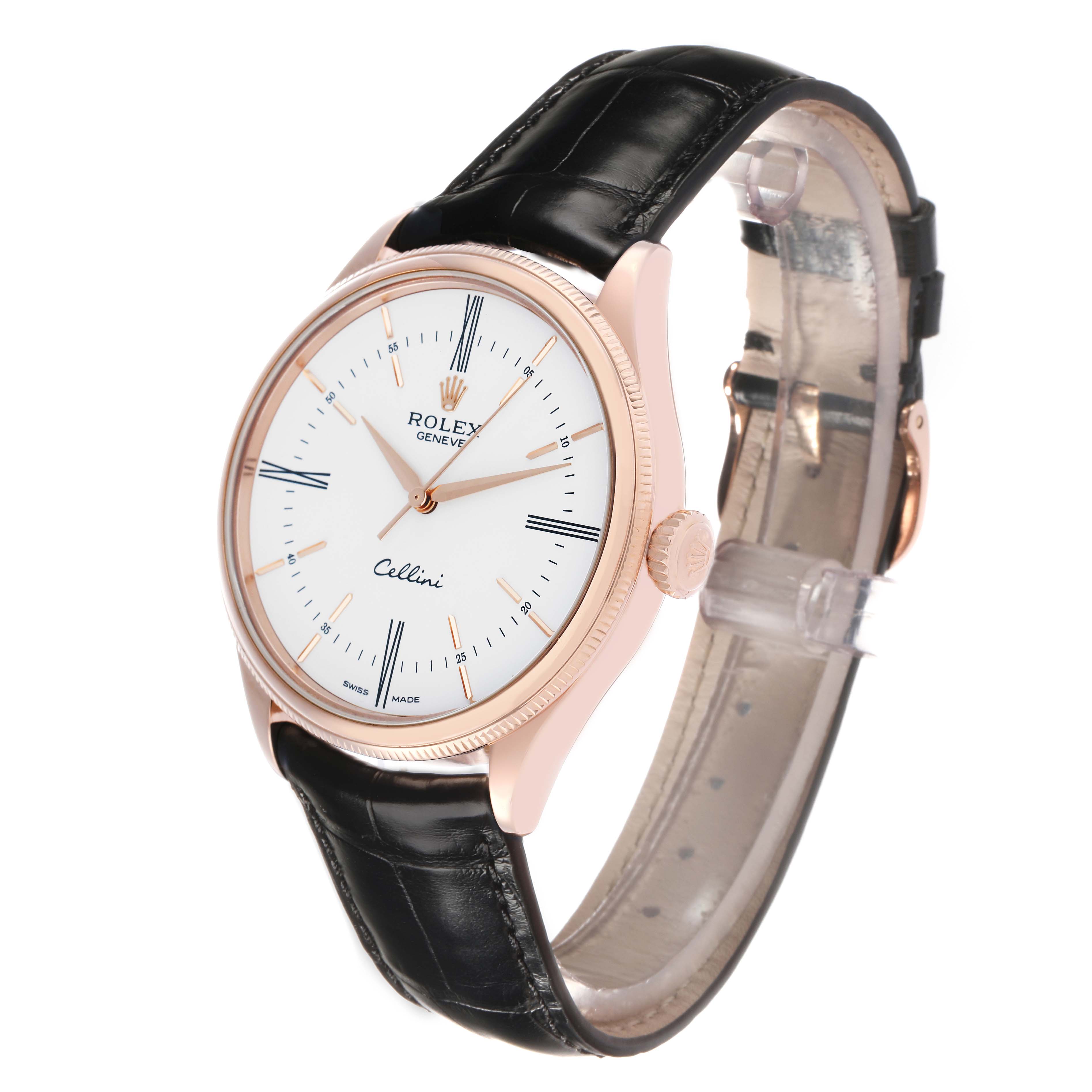 The Rolex Cellini 50505 Men's Rose Gold White Dial watch is shown at a three-quarter angle, showcasing the dial, case, bezel, crown, and leather strap.