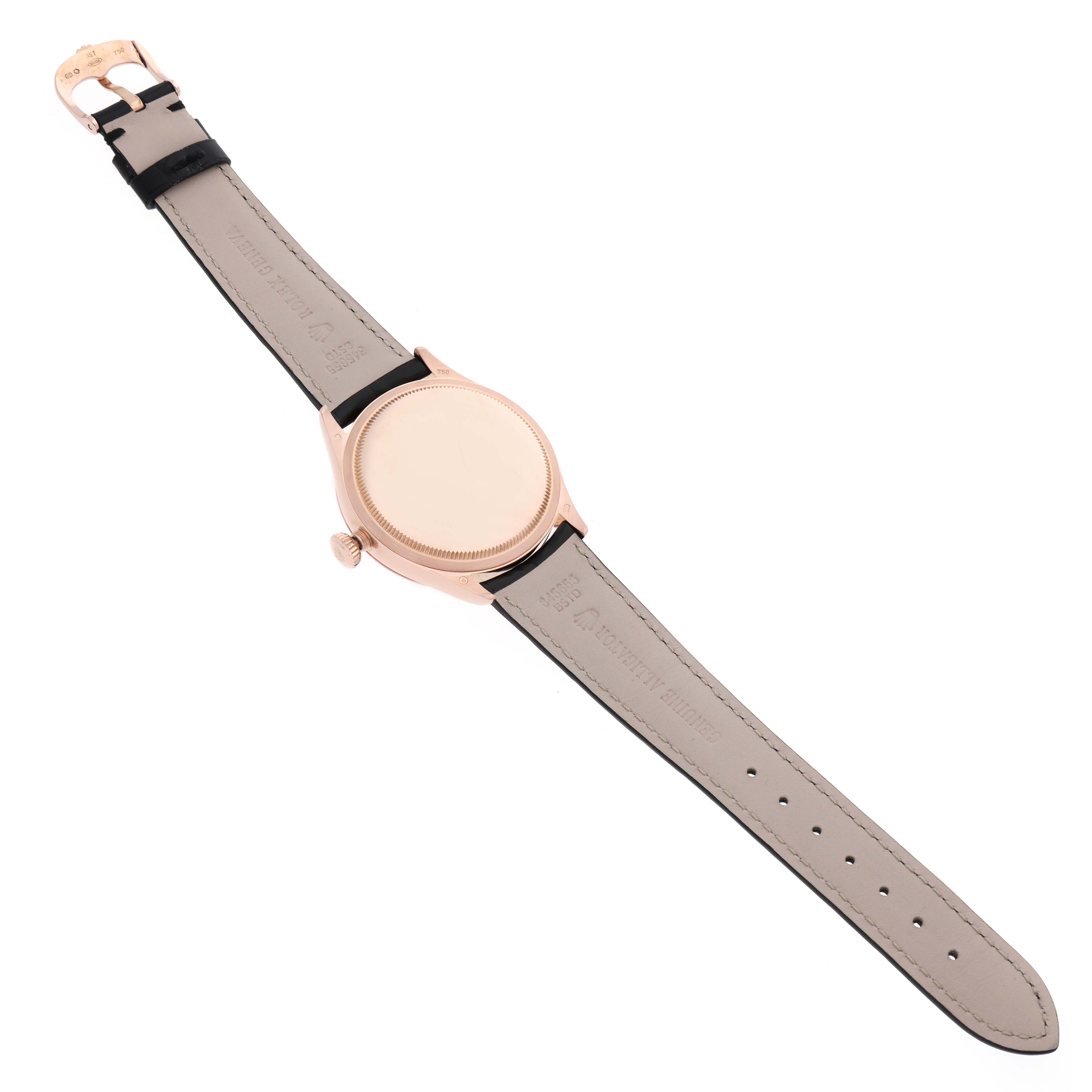 The Rolex Cellini 50505 Men's Rose Gold White Dial watch is displayed from the back, showing the case back, crown, and leather strap with clasp.