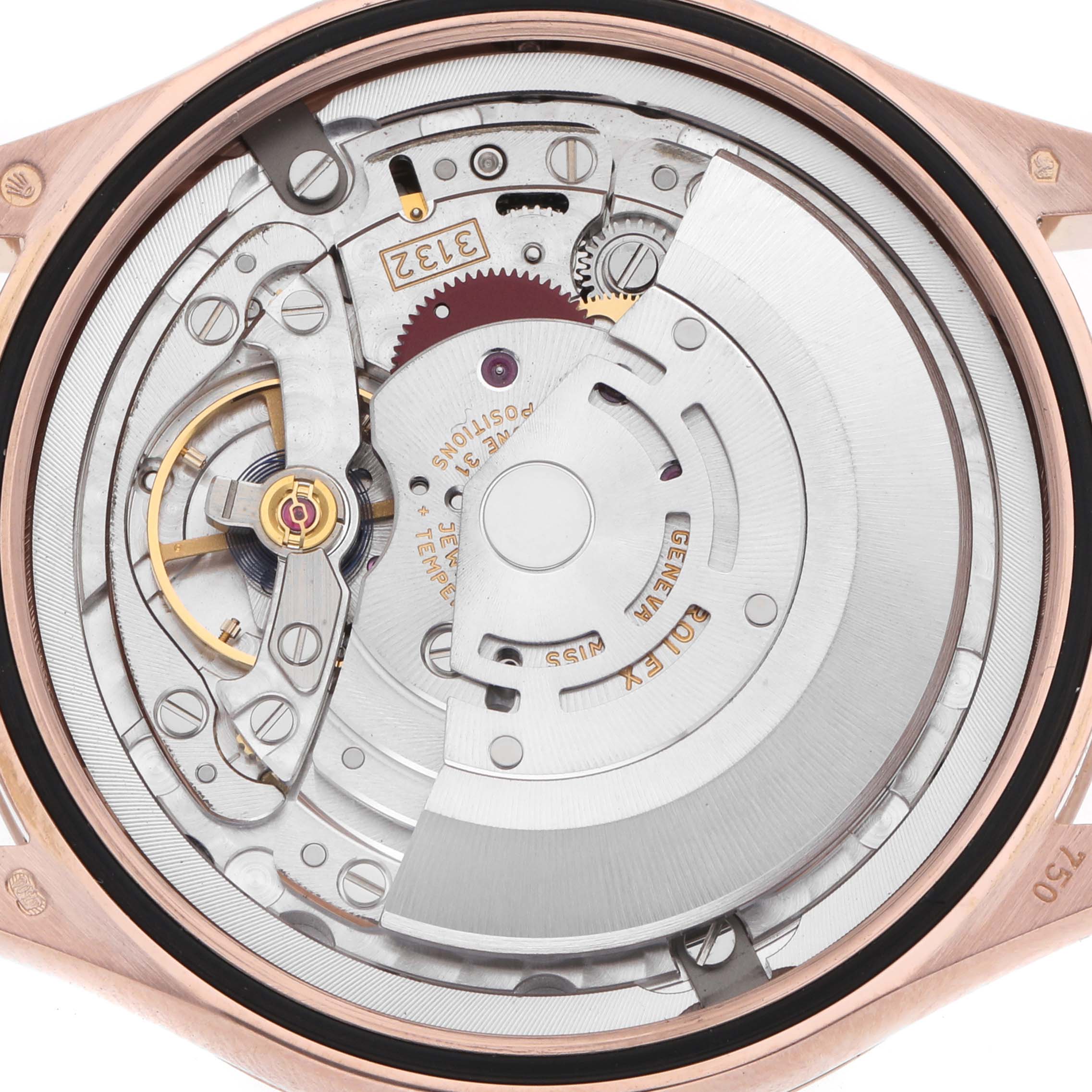 The image shows a back view of the Rolex Cellini 50505 Men's Rose Gold White Dial watch, highlighting its intricate mechanical movement.