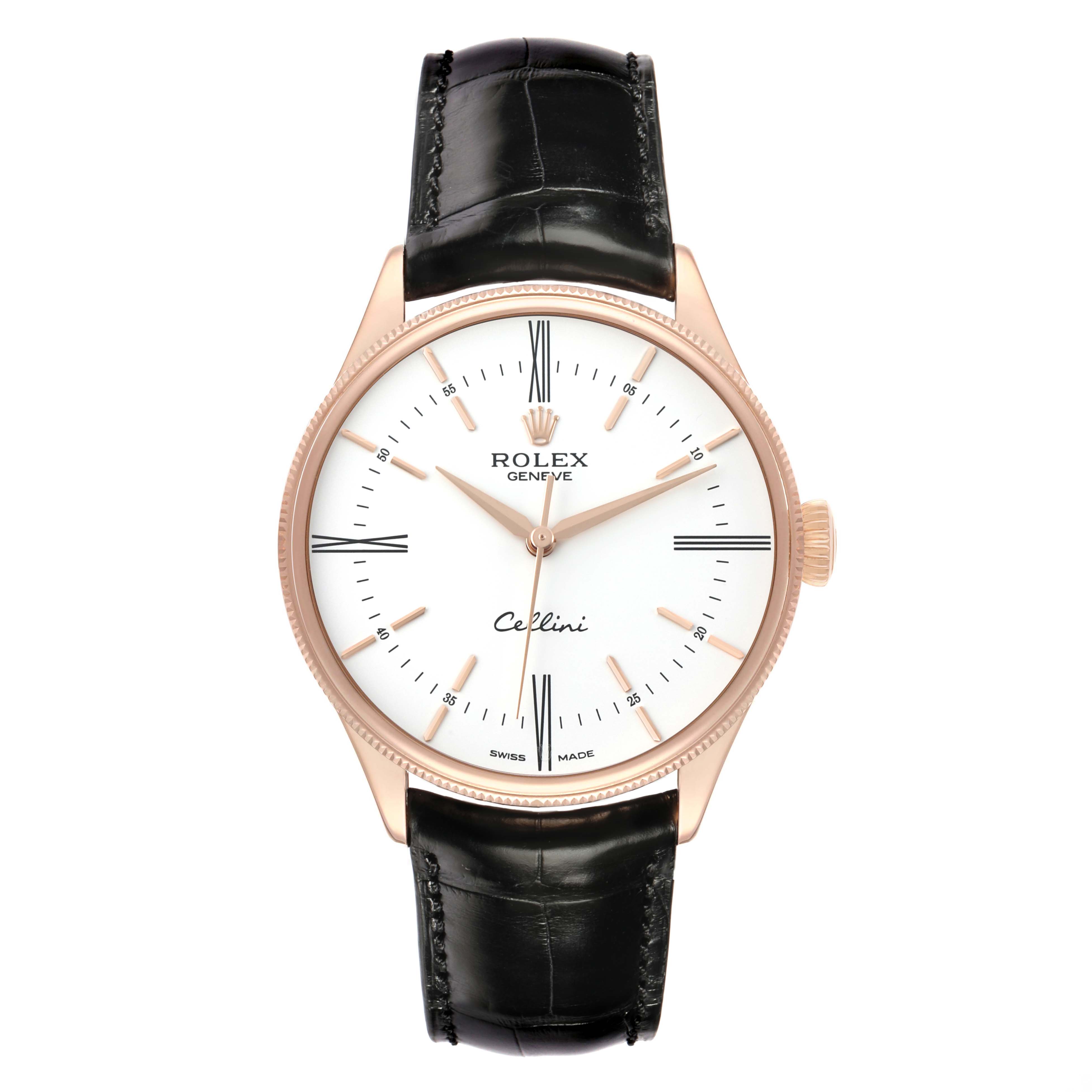 The Rolex Cellini 50505 Men's Rose Gold White Dial watch is shown from a top-down view, displaying the dial, hands, case, and strap.