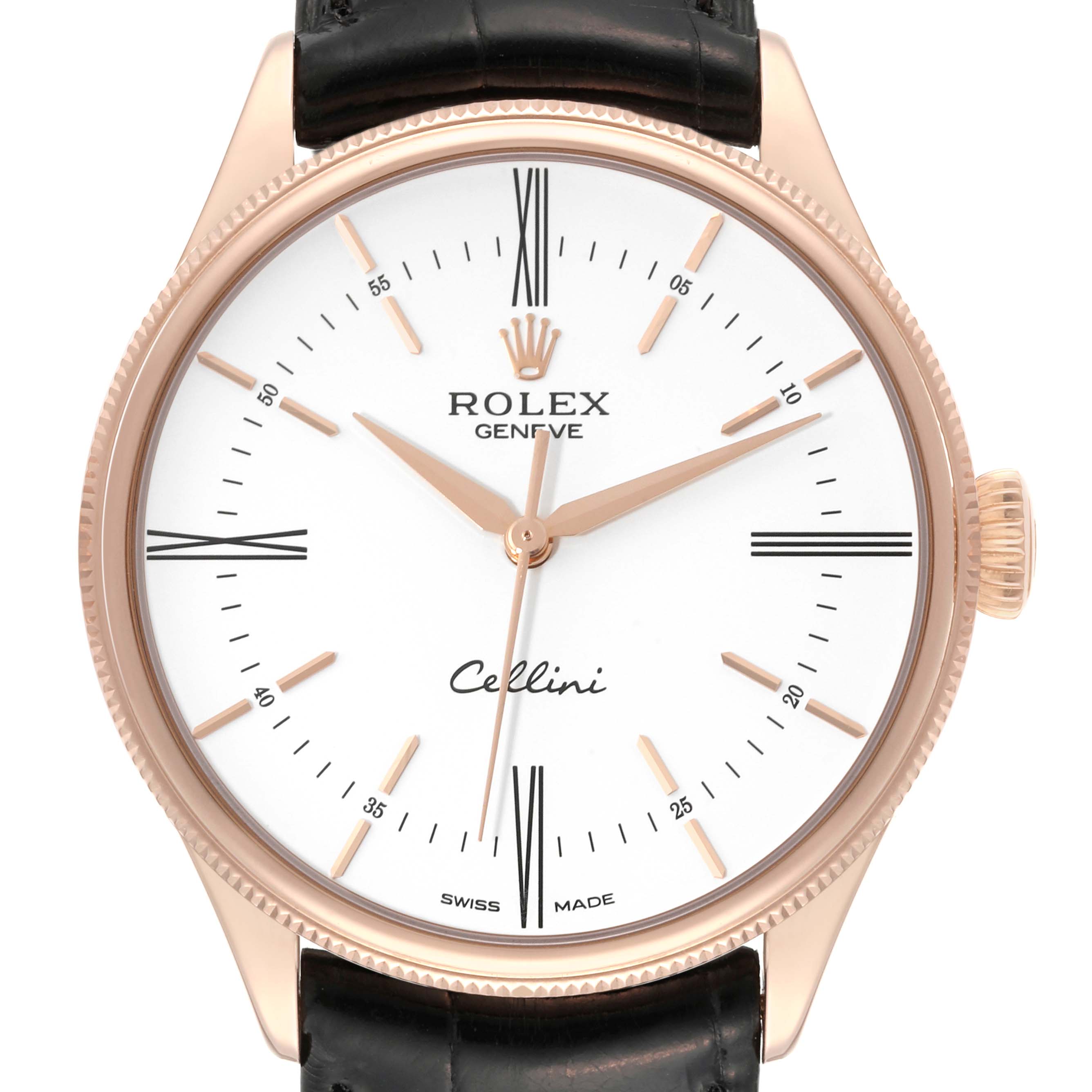 The image shows a front view of a Rolex Cellini 50505 Men's Rose Gold White Dial 50505 Men's Rose Gold White Dial watch, highlighting the face, dial, and crown.