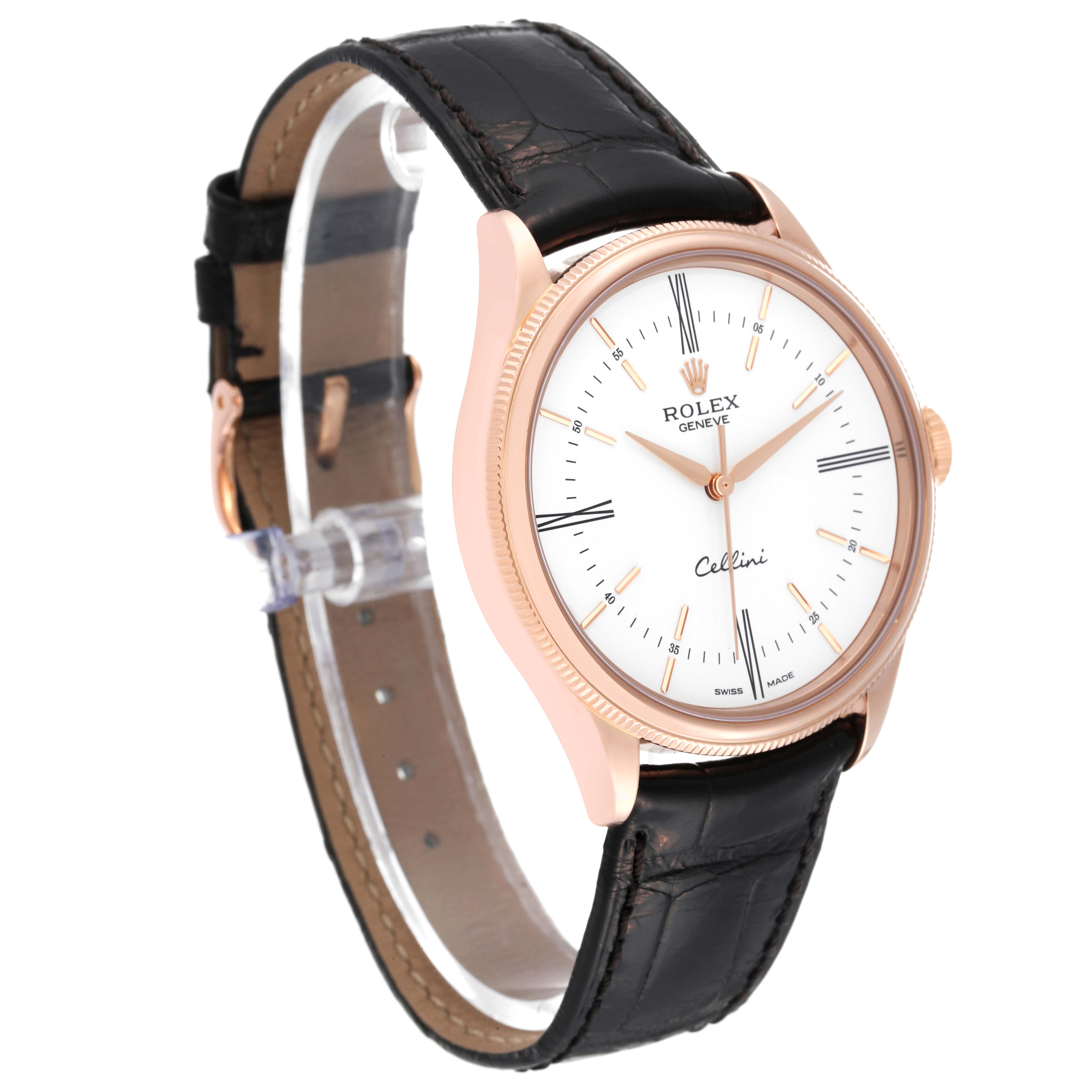 The Rolex Cellini 50505 Men's Rose Gold White Dial 50505 Men's Rose Gold White Dial watch is shown at a slight angle, displaying the face, bezel, crown, and leather strap.