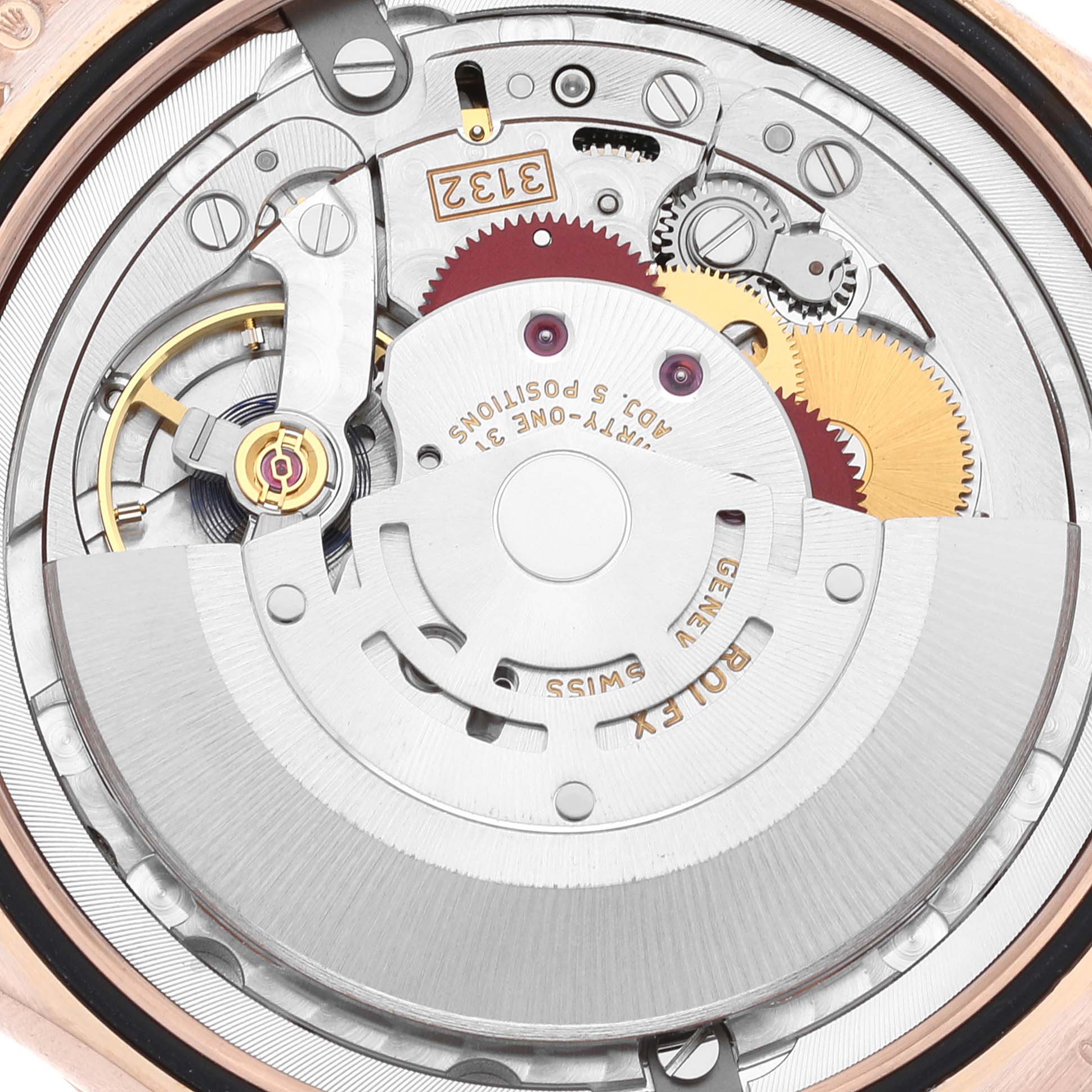 This image shows a close-up view of the mechanical movement parts of a Rolex Cellini 50505 Men's Rose Gold White Dial 50505 Men's Rose Gold White Dial watch.