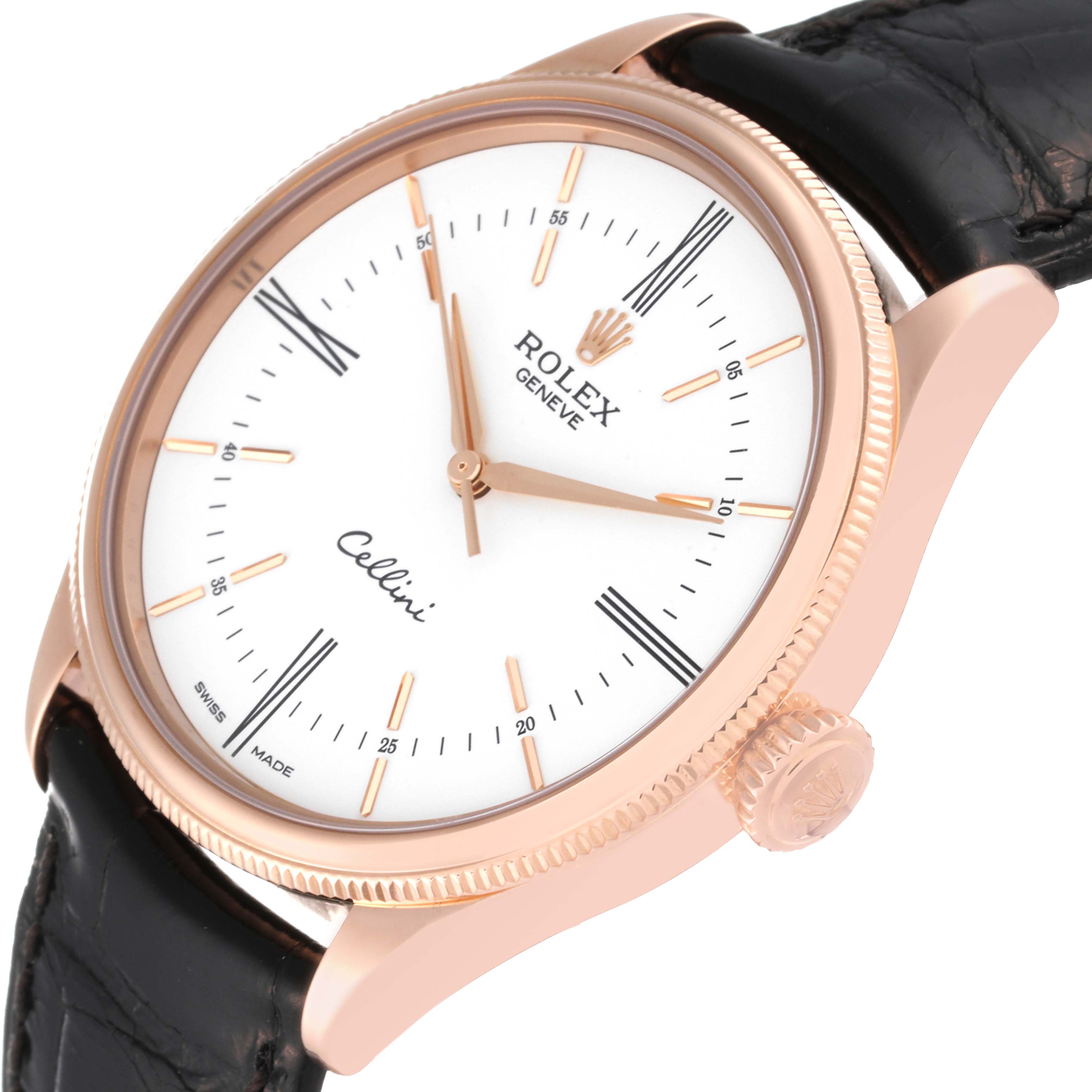 The image shows a close-up angle of the dial and crown of a Rolex Cellini 50505 Men's Rose Gold White Dial 50505 Men's Rose Gold White Dial model, with a black leather strap.