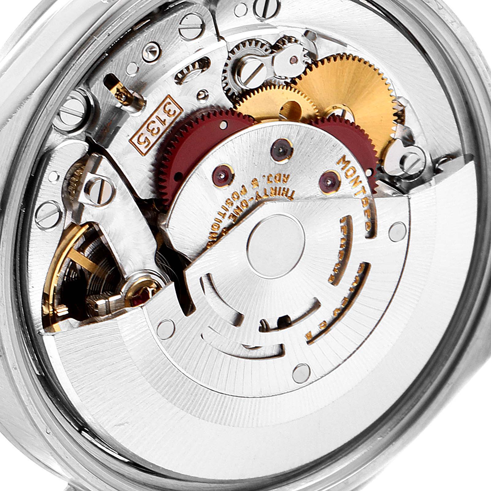 This is a close-up view of the Rolex Date 15200 Men's Stainless Steel White Dial 15200 Men's Stainless Steel White Dial model's movement, showing intricate gears and mechanical parts.