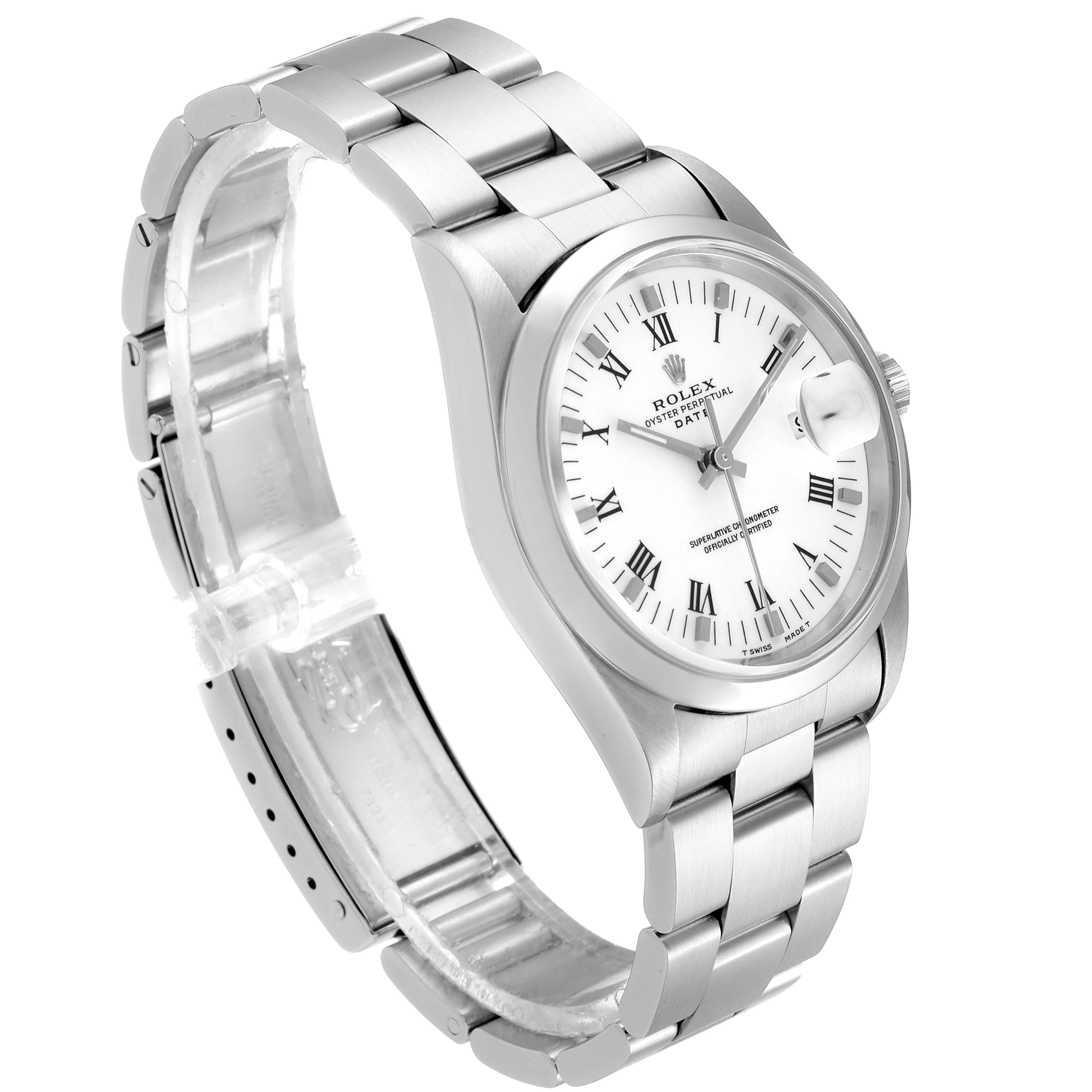 This Rolex Date 15200 Men's Stainless Steel White Dial 15200 Men's Stainless Steel White Dial model watch is shown at an angle highlighting the face, bezel, crown, and bracelet.