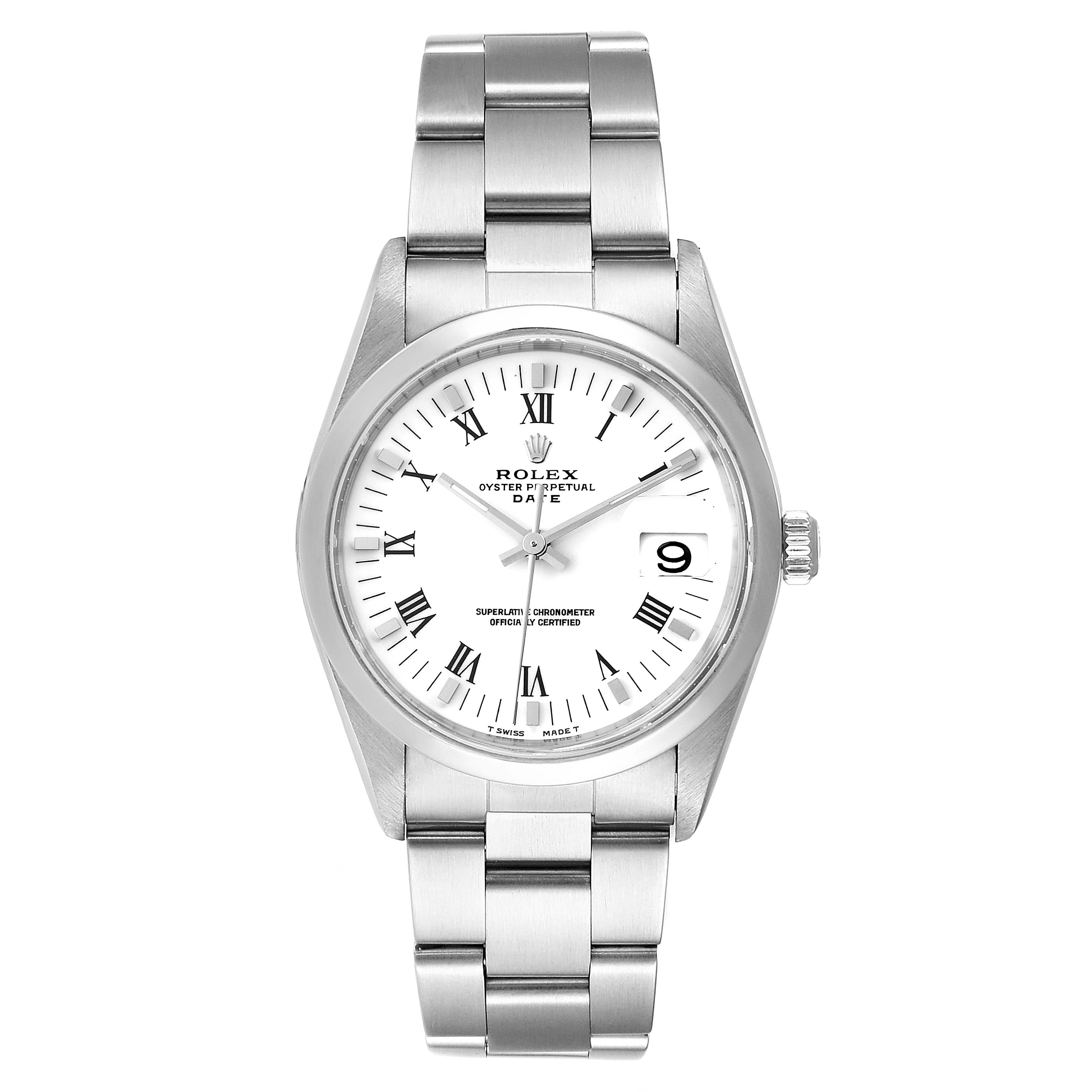 The image shows a front view of a Rolex Oyster Perpetual Date model, displaying the watch face, bracelet, and clasp.