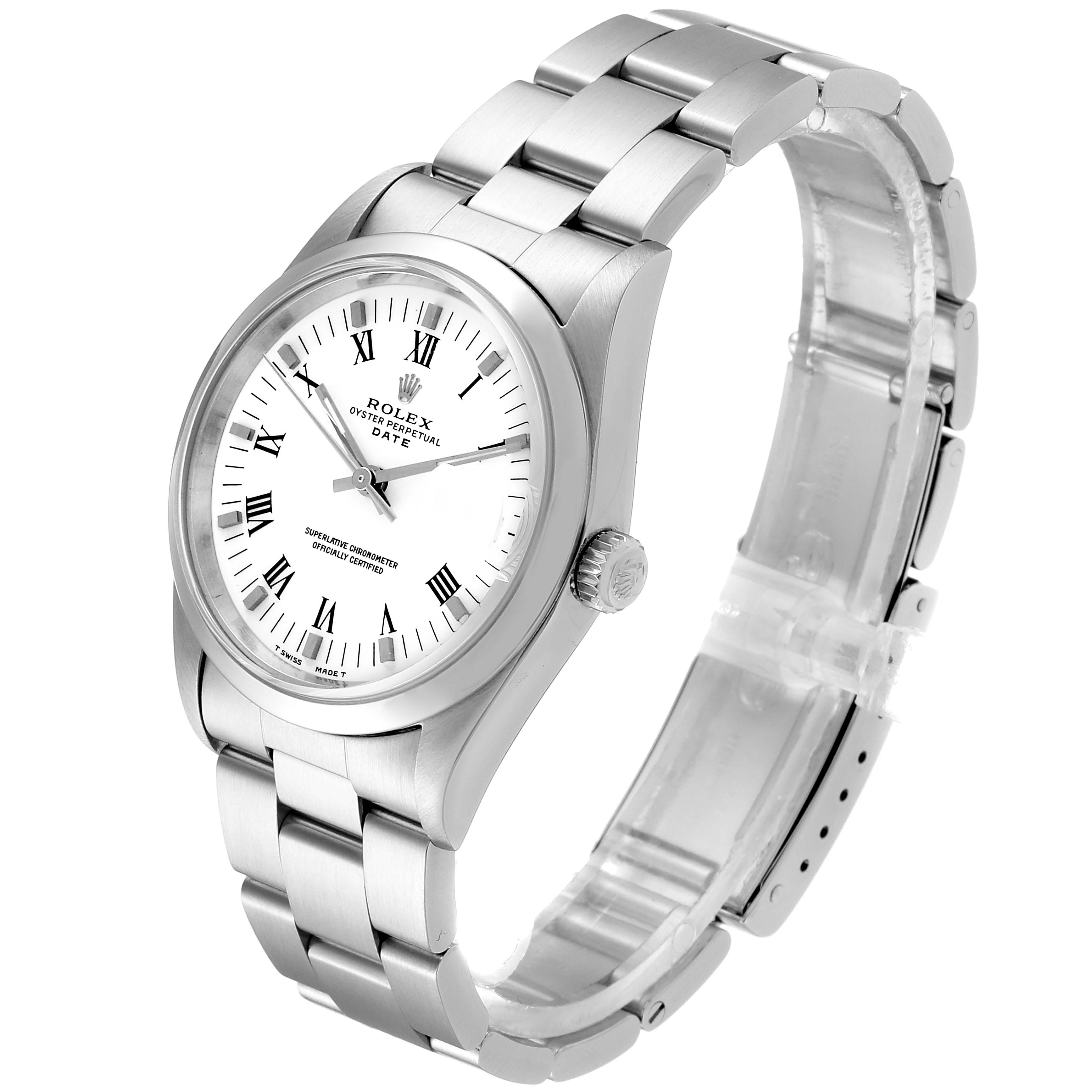 This image shows a Rolex Date 15200 Men's Stainless Steel White Dial 15200 Men's Stainless Steel White Dial watch angled to display the face, bezel, crown, and bracelet.