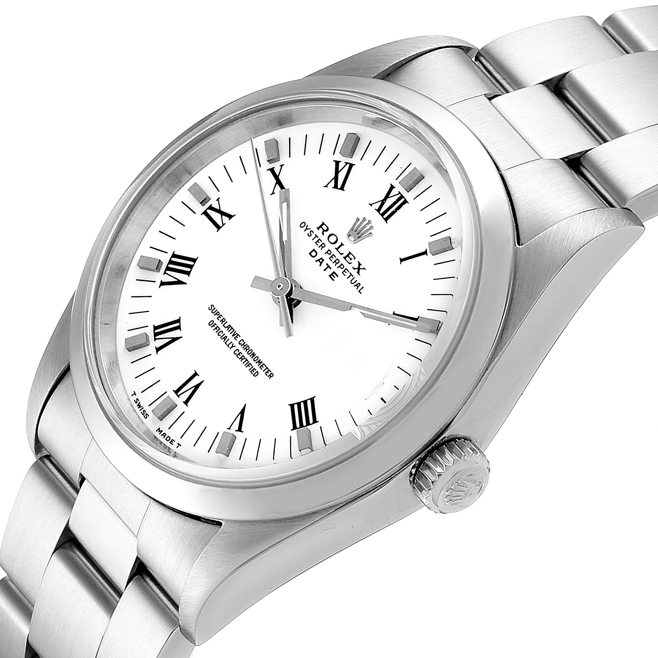 This image shows the Rolex Date 15200 Men's Stainless Steel White Dial 15200 Men's Stainless Steel White Dial model from a top angle, highlighting the watch face, bezel, crown, and part of the bracelet.