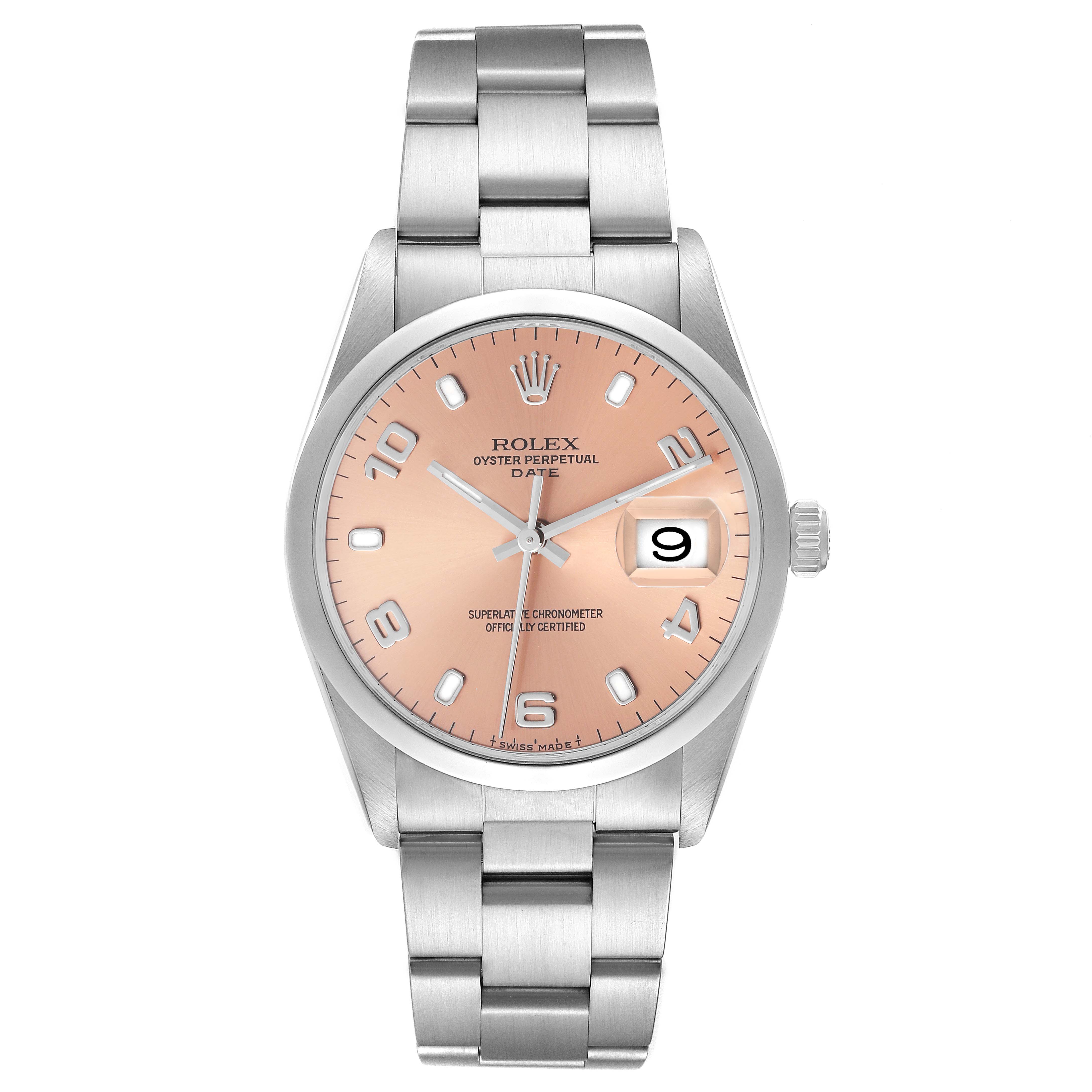The Rolex Date 15200 Men
s Stainless Steel Pink Dial 15200 Men
s Stainless Steel Pink Dial watch is shown from a front angle, displaying its face, bracelet, and crown.
