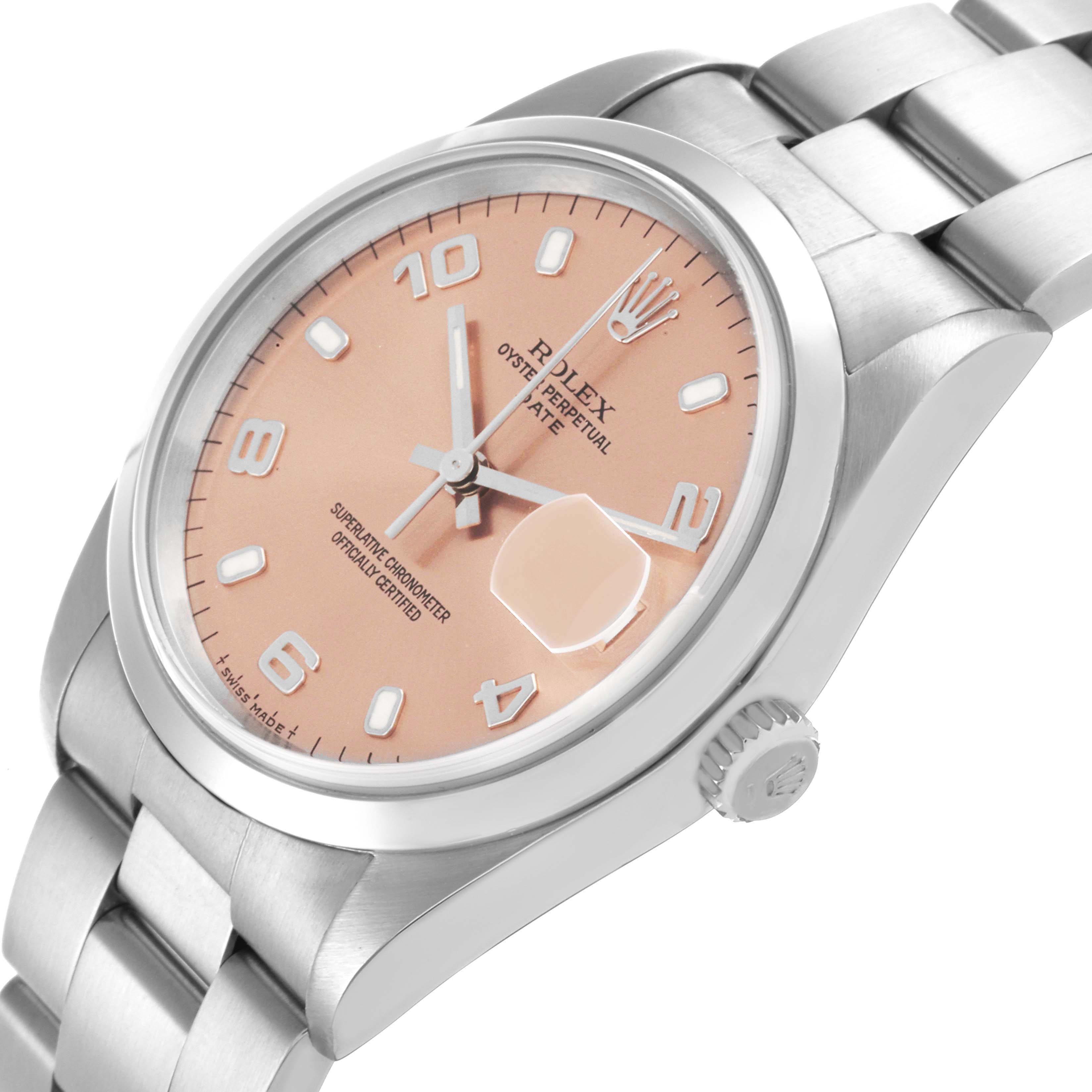 The Rolex Date 15200 Men
s Stainless Steel Pink Dial 15200 Men
s Stainless Steel Pink Dial watch is shown from a top-side angle, highlighting the dial, bezel, crown, and bracelet.