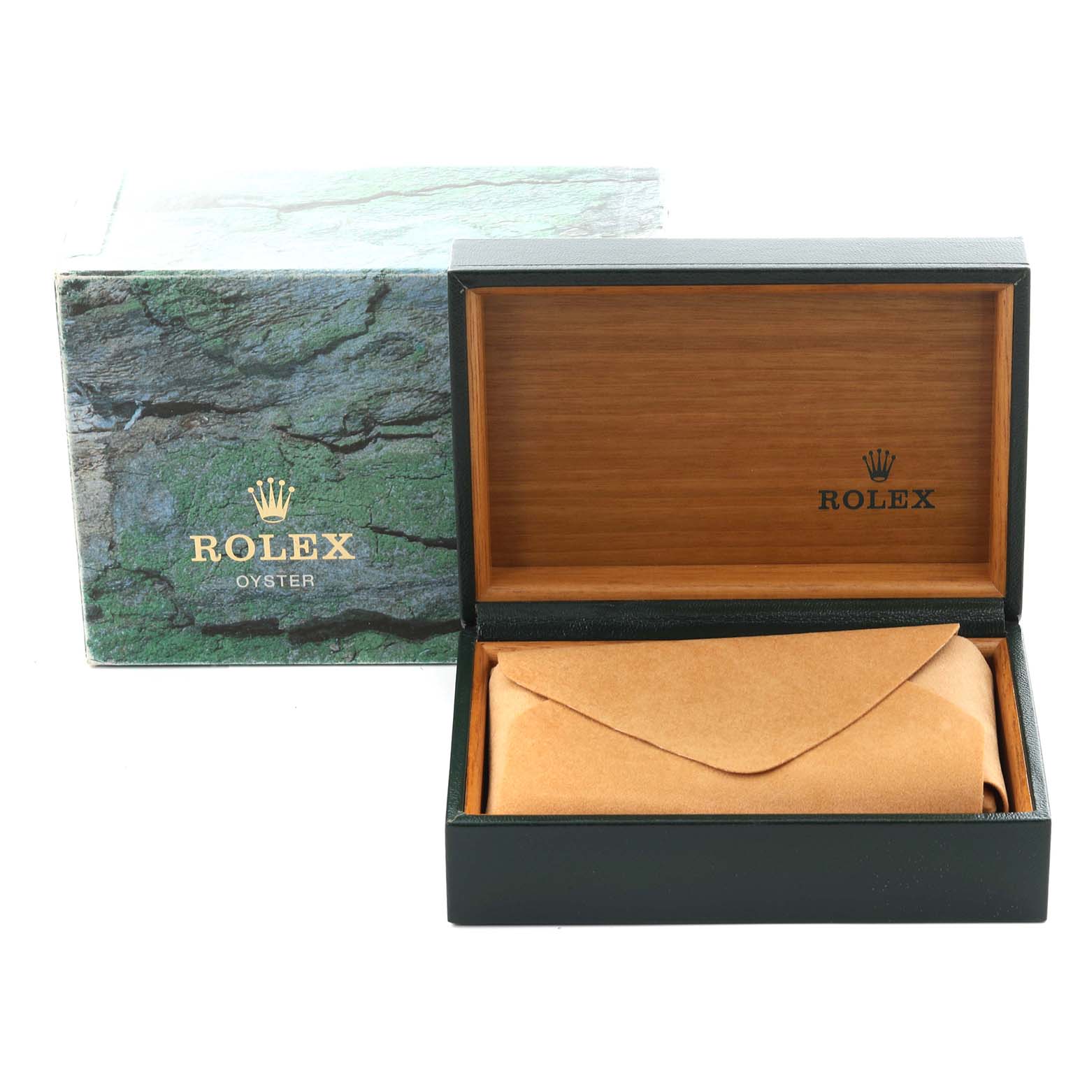 The image shows a Rolex Date 15200 Men
s Stainless Steel Pink Dial 15200 Men
s Stainless Steel Pink Dial watch box and outer box, open with no visible watch inside.