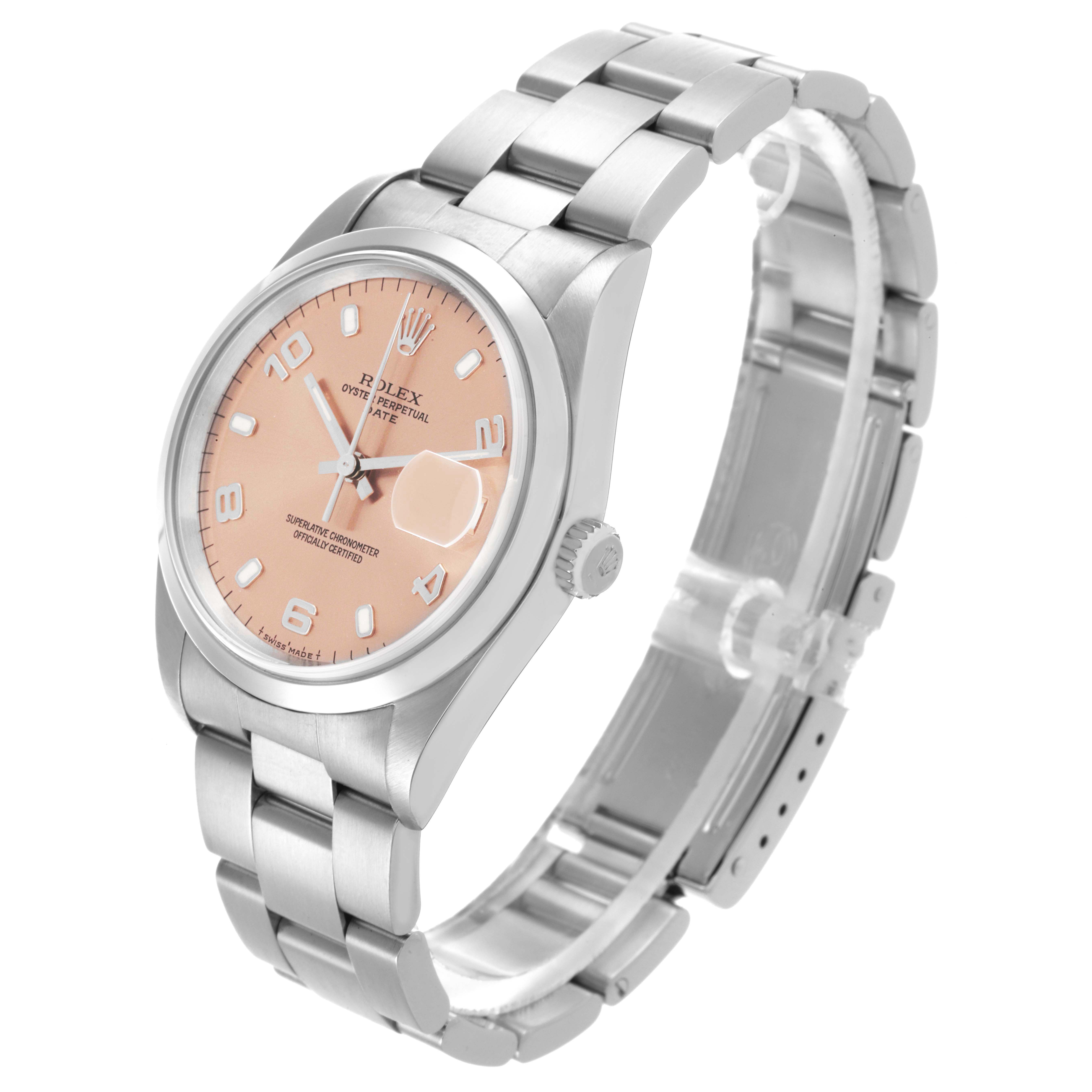 The Rolex Date 15200 Men
s Stainless Steel Pink Dial 15200 Men
s Stainless Steel Pink Dial model is shown at a three-quarter angle, highlighting the face, bezel, and bracelet.