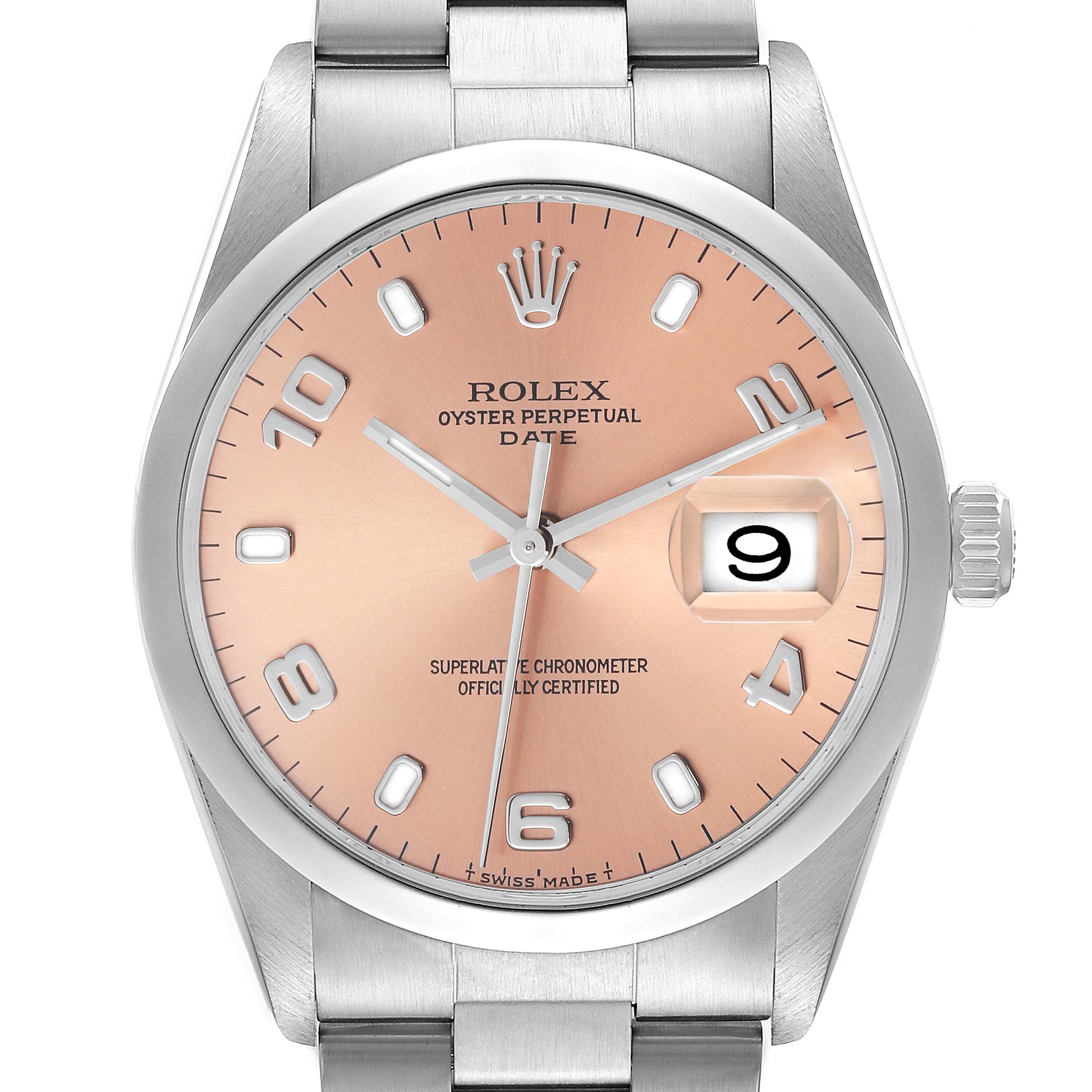 The Rolex Date 15200 Men
s Stainless Steel Pink Dial 15200 Men
s Stainless Steel Pink Dial watch is shown from a front angle, highlighting the face, dial, and part of the bracelet.