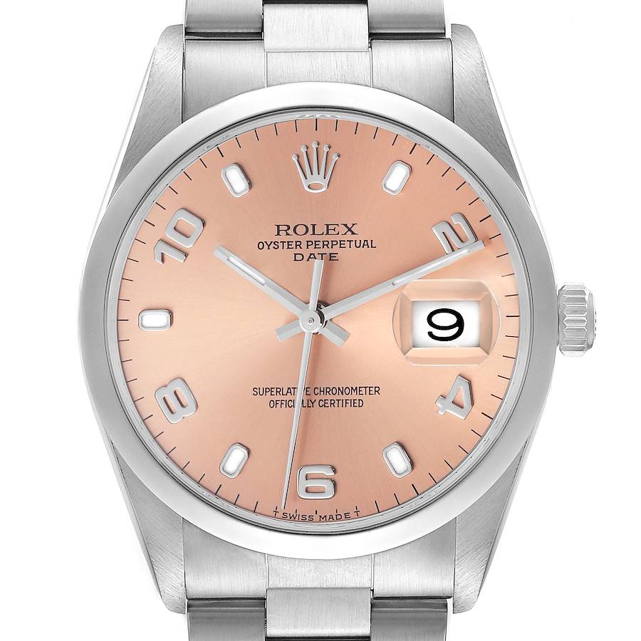 The Rolex Date watch is shown from a front angle, highlighting the face, dial, and part of the bracelet.