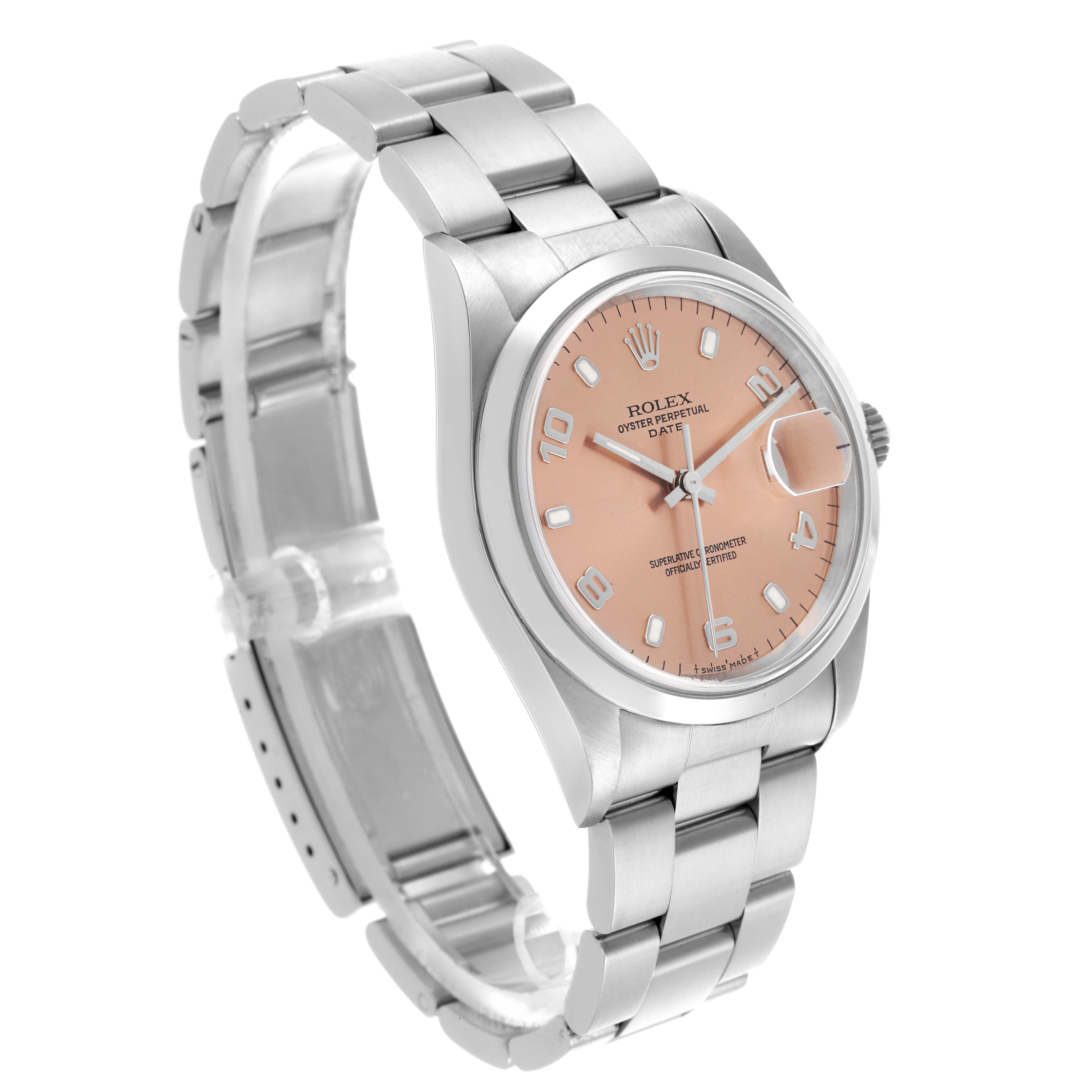The Rolex Date 15200 Men
s Stainless Steel Pink Dial 15200 Men
s Stainless Steel Pink Dial model is shown at a three-quarter angle, highlighting the dial, bracelet, and bezel.