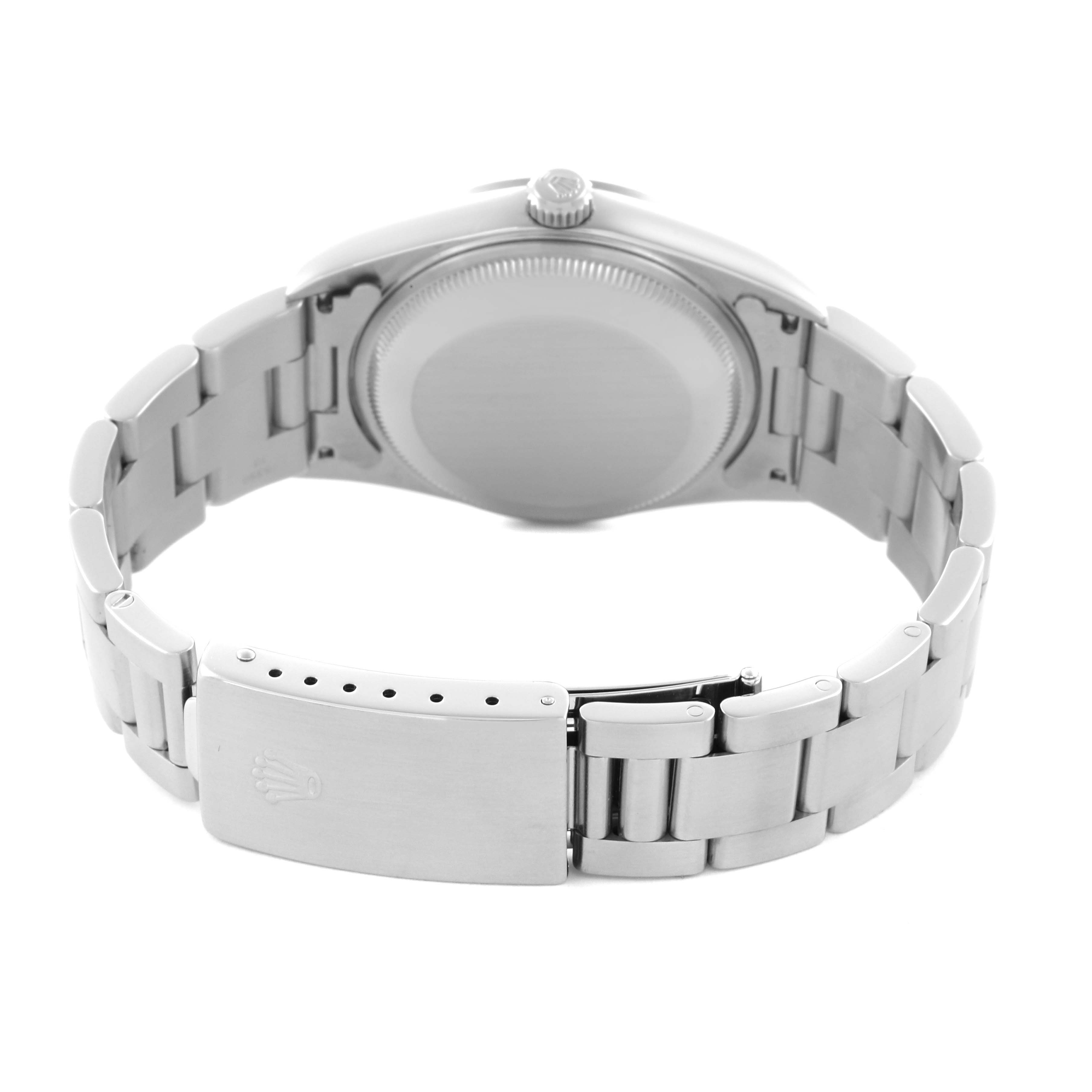 The image shows the back and clasp of the Rolex Date 15200 Men
s Stainless Steel Pink Dial 15200 Men
s Stainless Steel Pink Dial watch, focusing on the bracelet and case back.