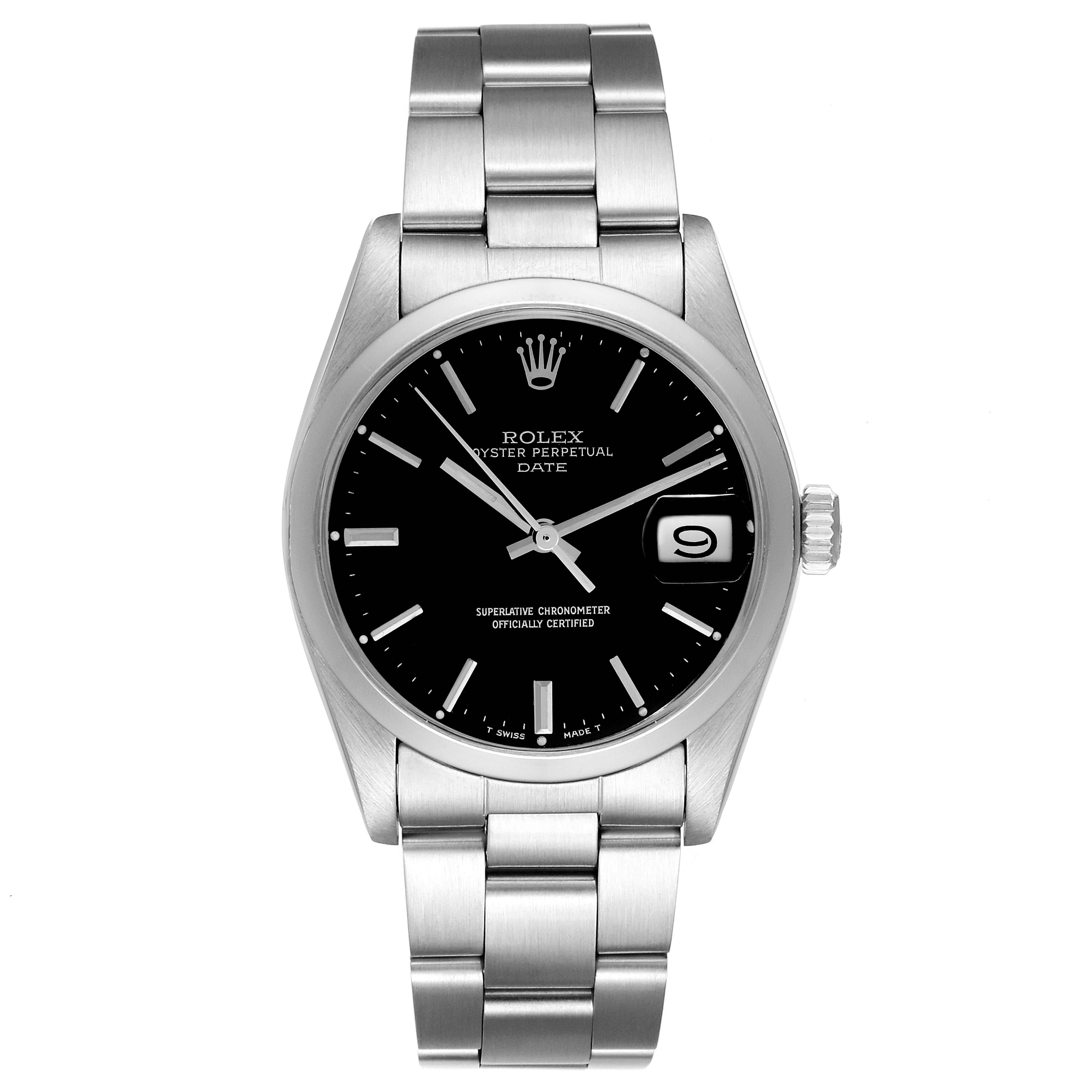 The image shows a front view of the Rolex Vintage Collection 1500 Men's Stainless Steel Black Dial 1500 Men's Stainless Steel Black Dial Oyster Perpetual Date, displaying the dial, bracelet, and crown.