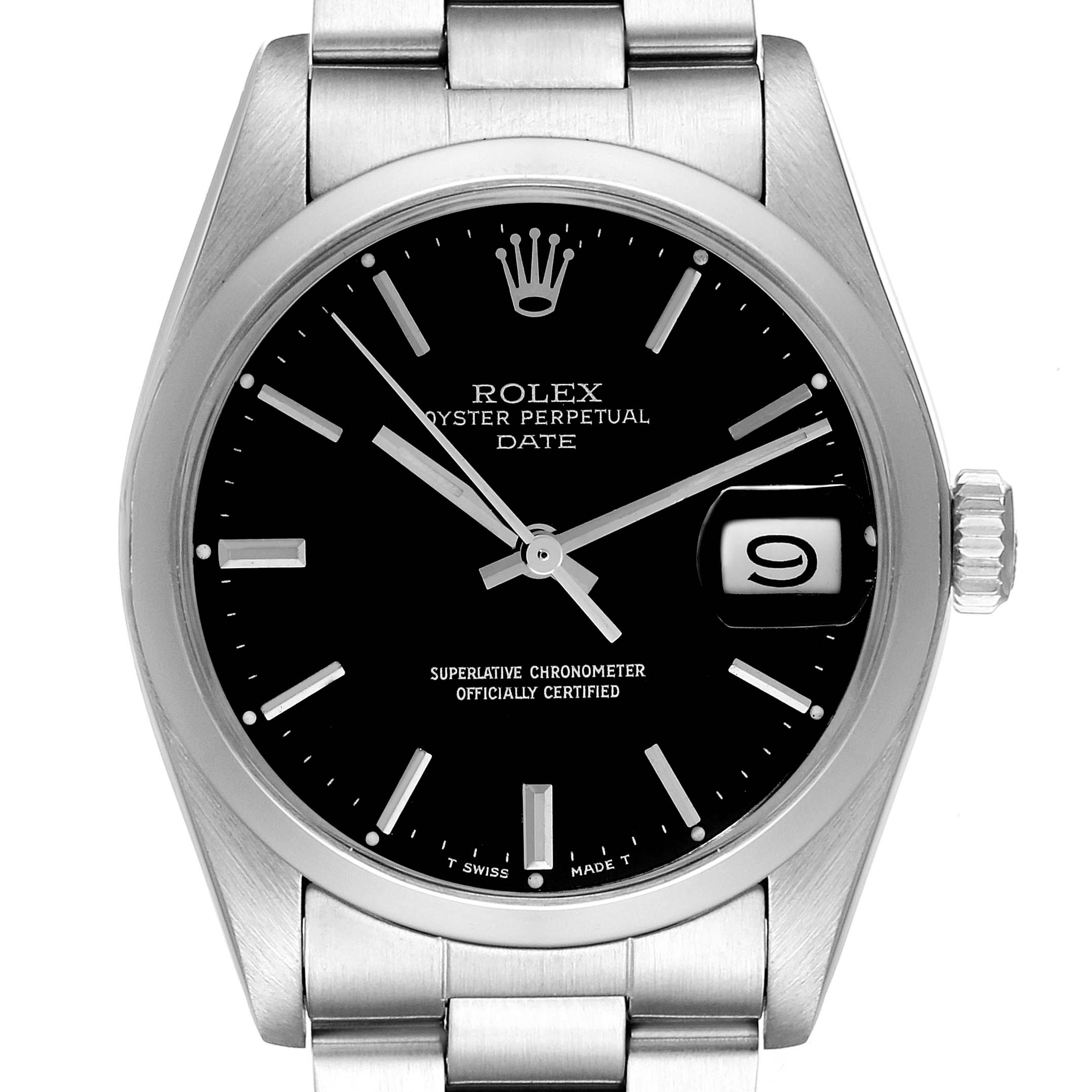 The image shows a frontal view of the Rolex Vintage Collection 1500 Men's Stainless Steel Black Dial 1500 Men's Stainless Steel Black Dial Oyster Perpetual Date watch, displaying the face, bezel, and bracelet.