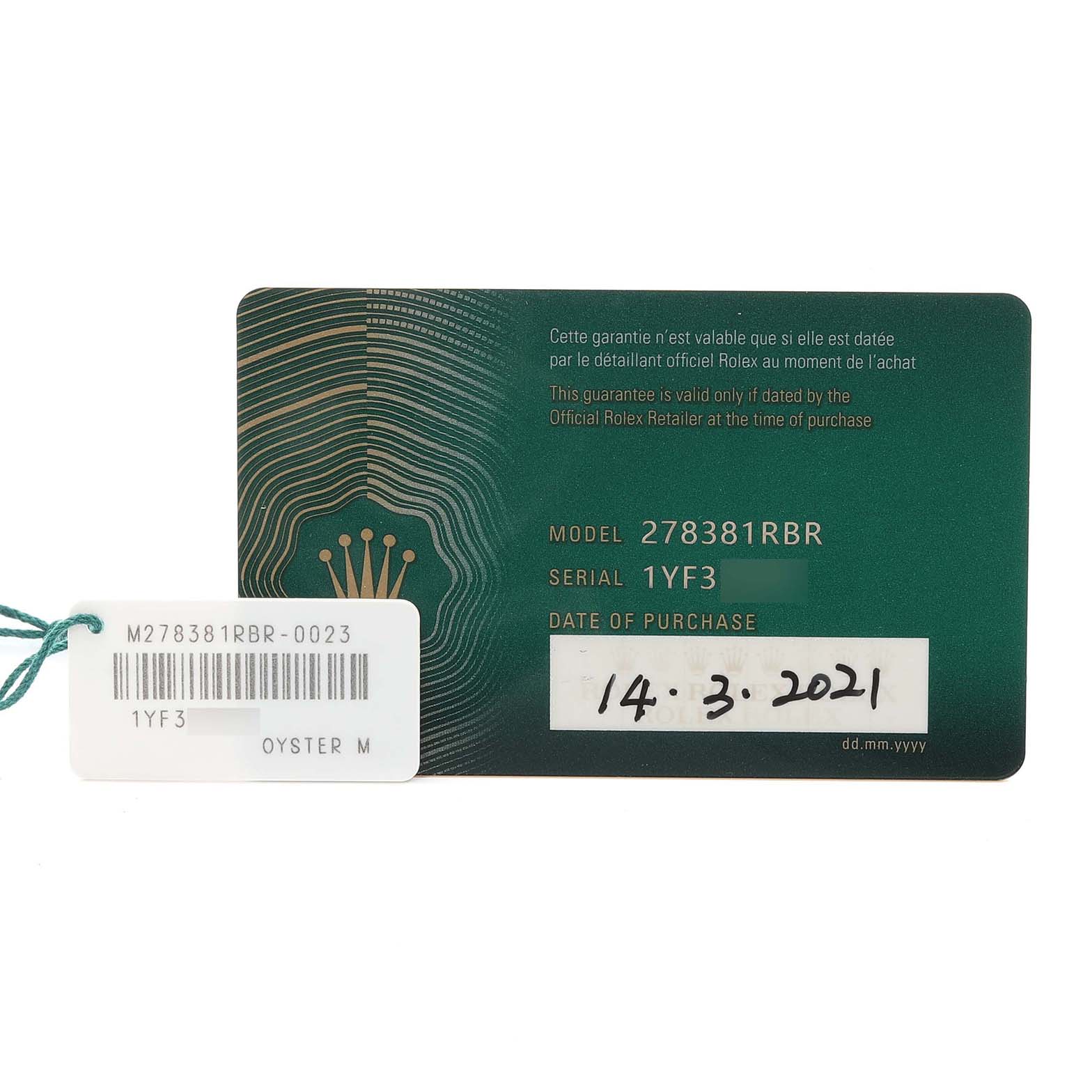 The image shows a Rolex Mid-Size 278381 Women's Steel and Gold (two tone) Pink Dial 278381 Women's Steel and Gold (two tone) Pink Dial model card and tag with model and serial numbers and a purchase date.