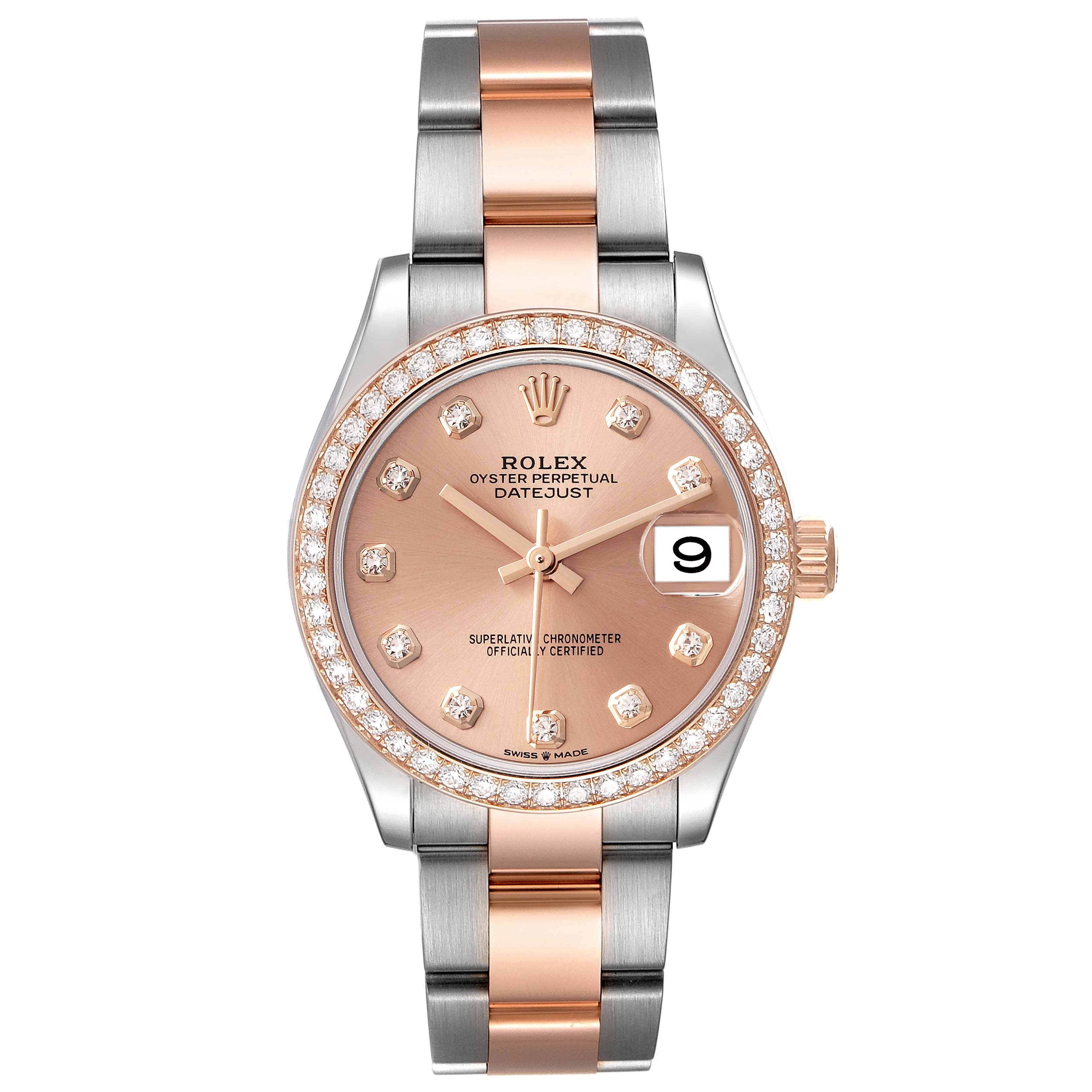 The Rolex Datejust Mid-Size is shown from the front, displaying the dial, bezel, and bracelet.