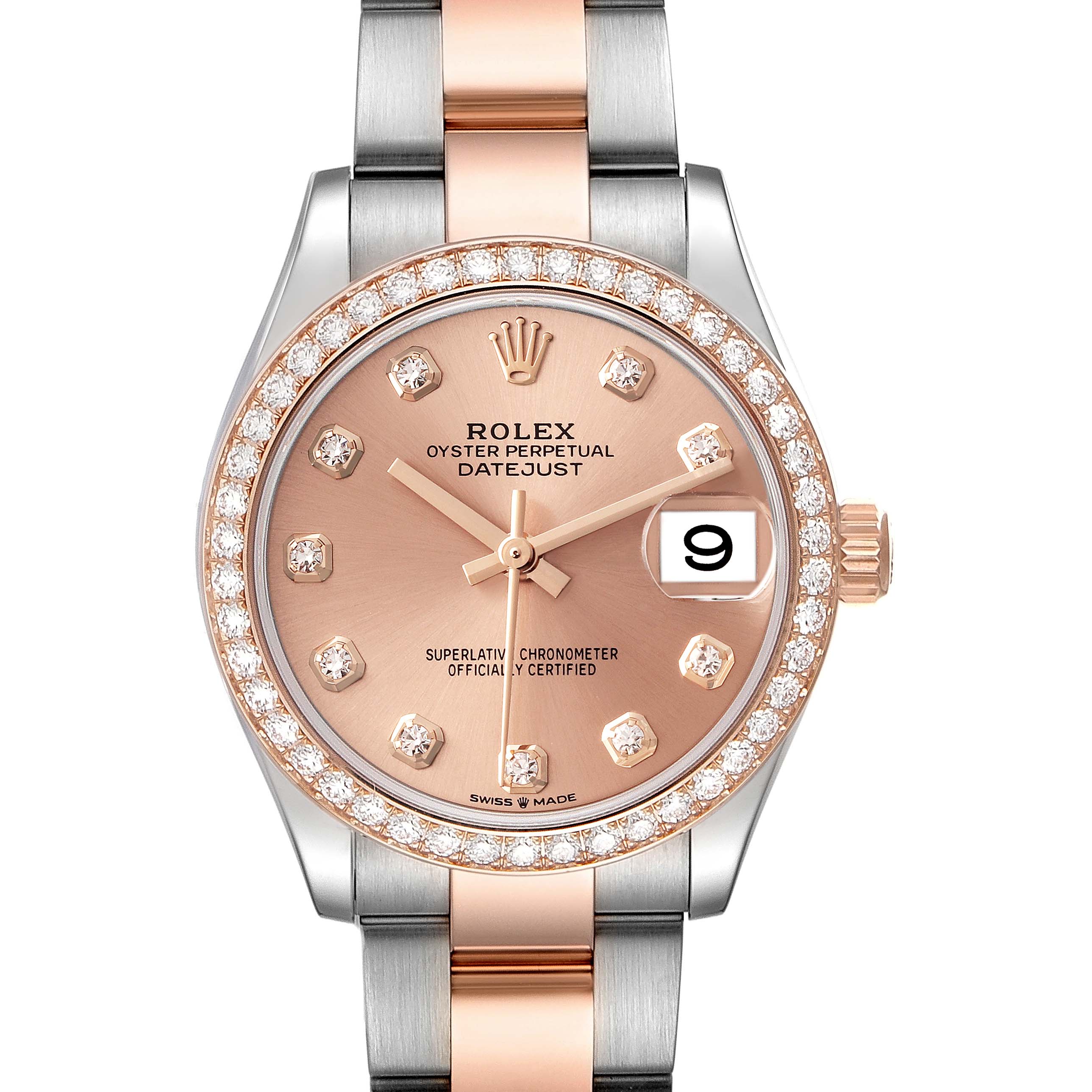 The Rolex Mid-Size 278381 Women's Steel and Gold (two tone) Pink Dial 278381 Women's Steel and Gold (two tone) Pink Dial Datejust is shown from the front, displaying the dial, markers, bezel, and bracelet.