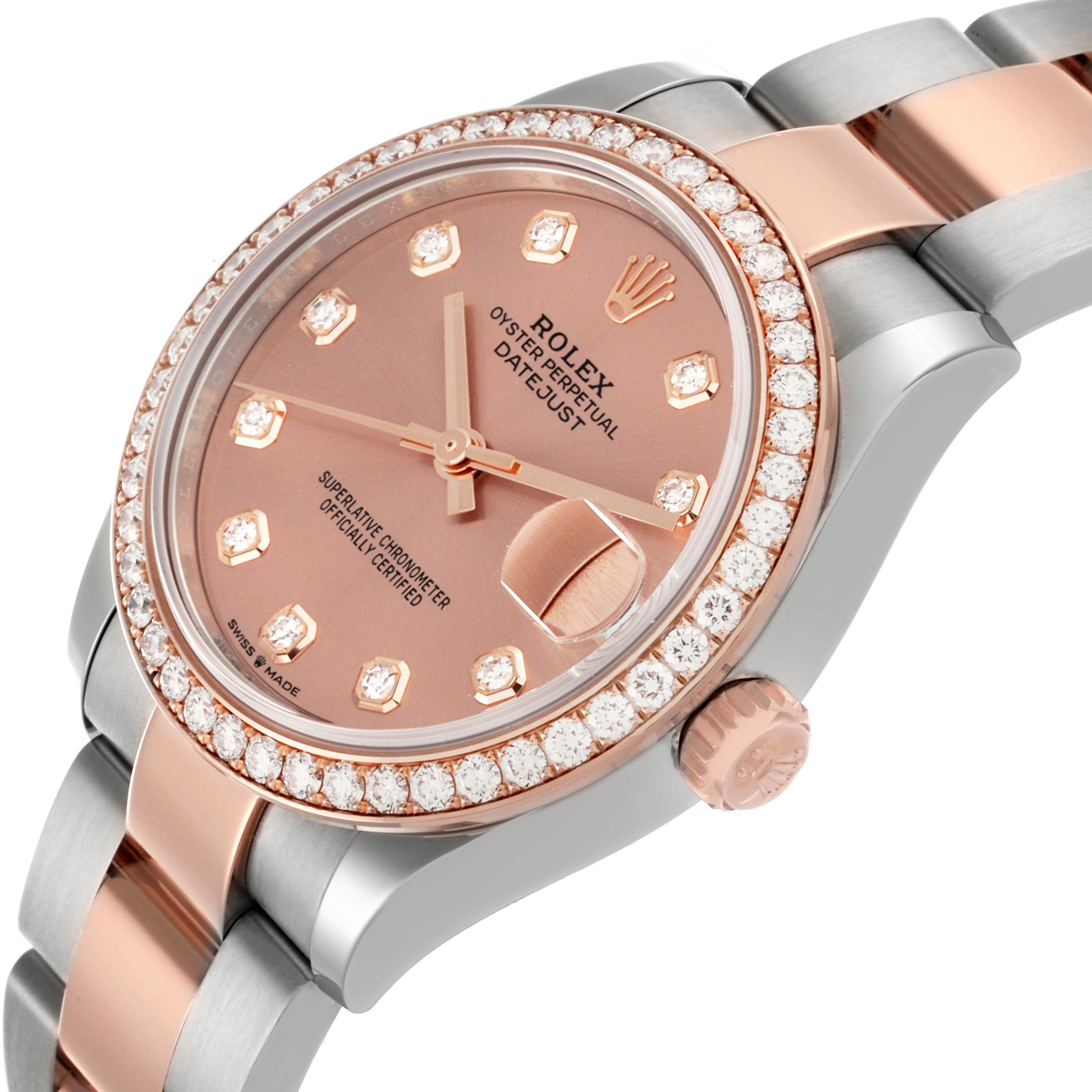 The Rolex Mid-Size 278381 Women's Steel and Gold (two tone) Pink Dial 278381 Women's Steel and Gold (two tone) Pink Dial watch is shown at an angled view highlighting the rose gold dial, diamond bezel, and two-tone bracelet.