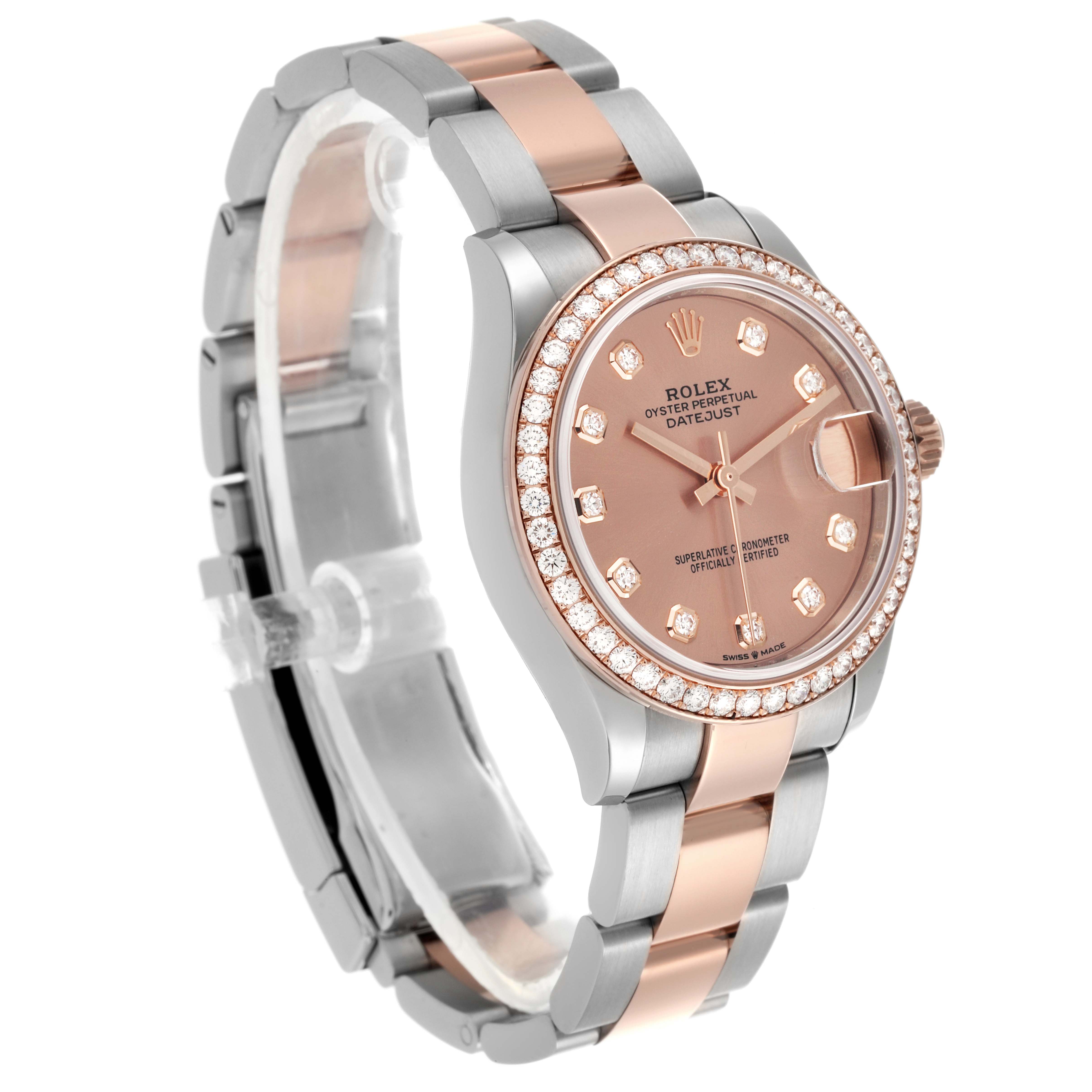 The Rolex Datejust Mid-Size watch is shown at a 3/4 angle, displaying the bezel, dial, case, and bracelet.