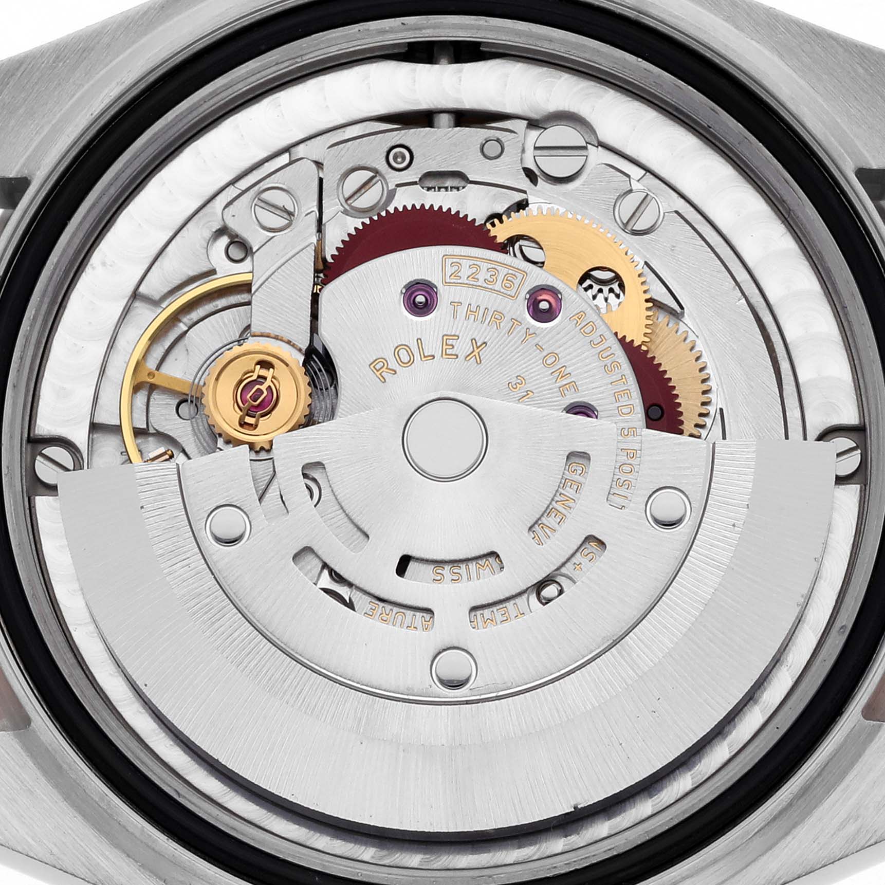 The image shows the internal movement mechanism of a Rolex Mid-Size 278381 Women's Steel and Gold (two tone) Pink Dial 278381 Women's Steel and Gold (two tone) Pink Dial watch from a back angle.
