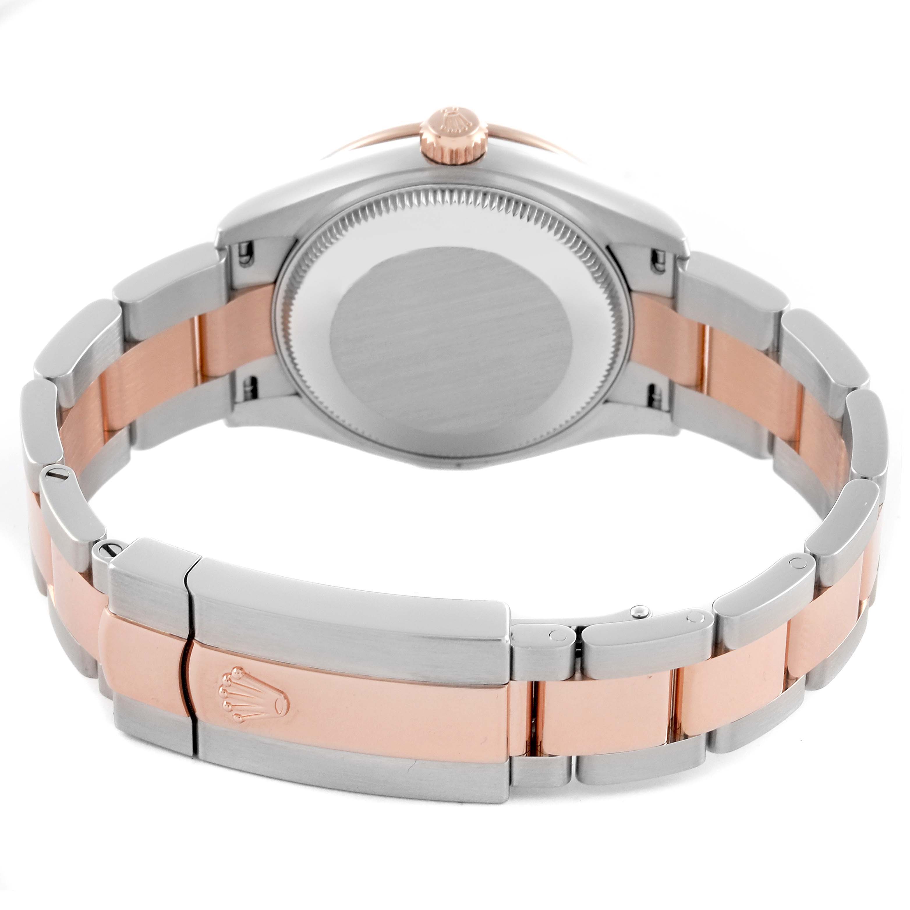 The image shows the back and bracelet of a Rolex Mid-Size 278381 Women's Steel and Gold (two tone) Pink Dial 278381 Women's Steel and Gold (two tone) Pink Dial model, highlighting its two-tone design.