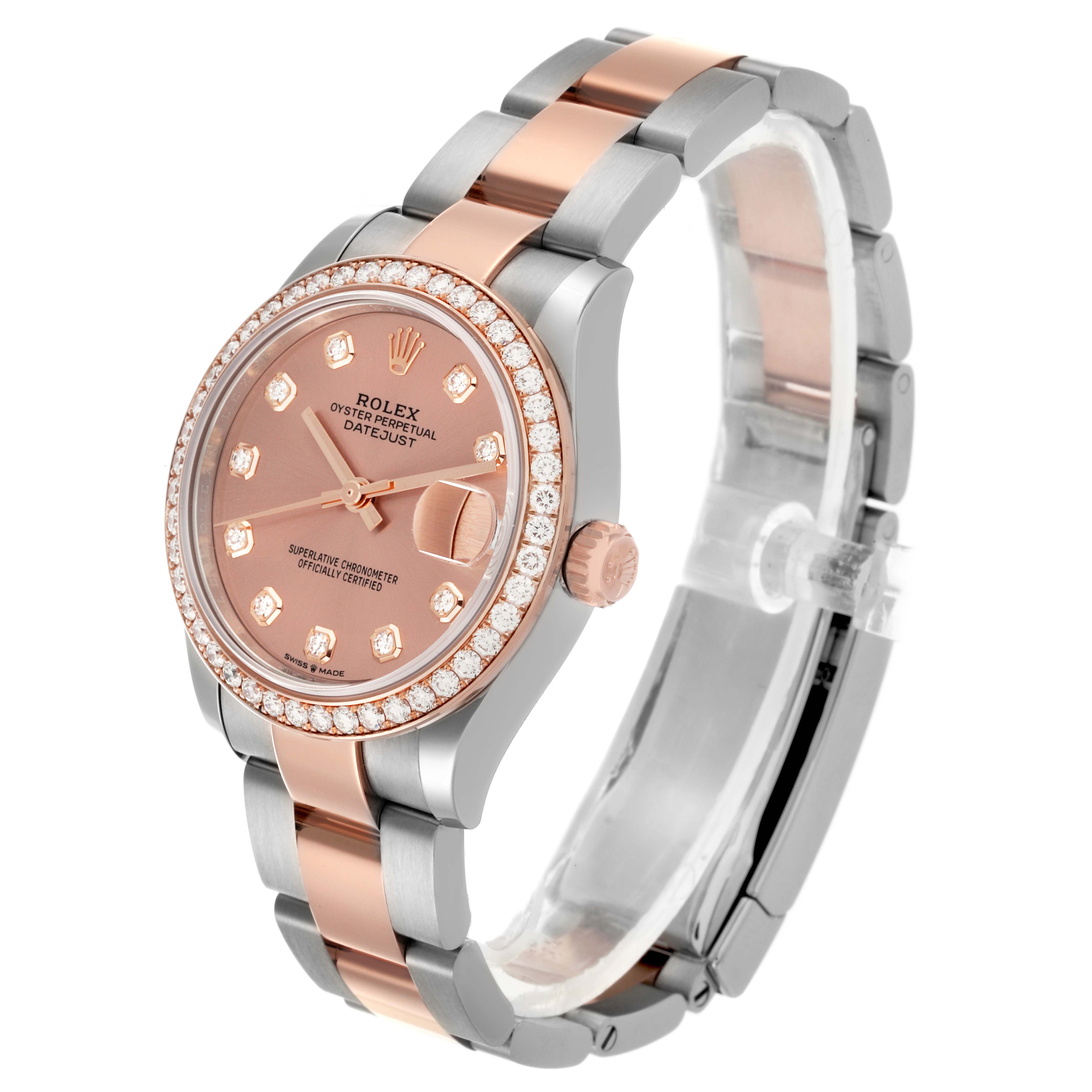 The Rolex watch is shown at a three-quarter angle, highlighting the bezel, dial, and part of the bracelet.