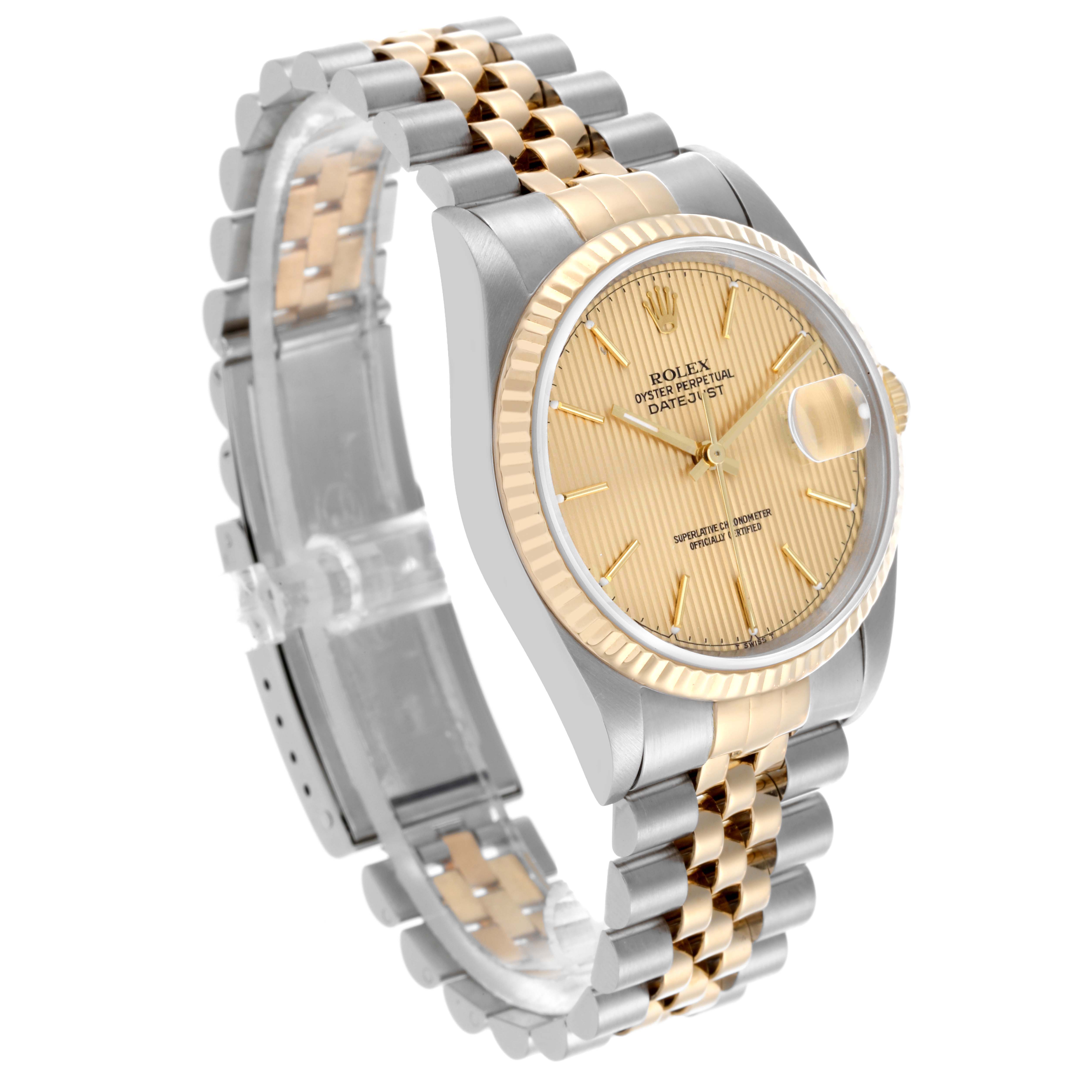 The Rolex Datejust 16233 Men's Steel and Gold (two tone) Champagne Dial 16233 Men's Steel and Gold (two tone) Champagne Dial watch is shown at a slight angle, displaying the face, bezel, and two-tone Jubilee bracelet.