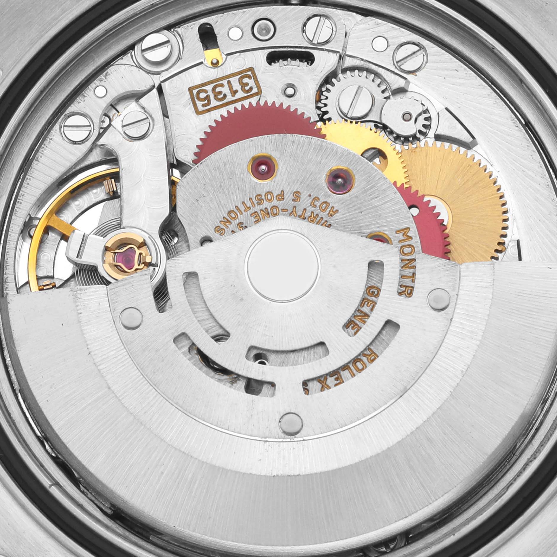 The image shows the internal movement mechanism of a Rolex Datejust 16233 Men's Steel and Gold (two tone) Champagne Dial 16233 Men's Steel and Gold (two tone) Champagne Dial watch from a top-down angle.
