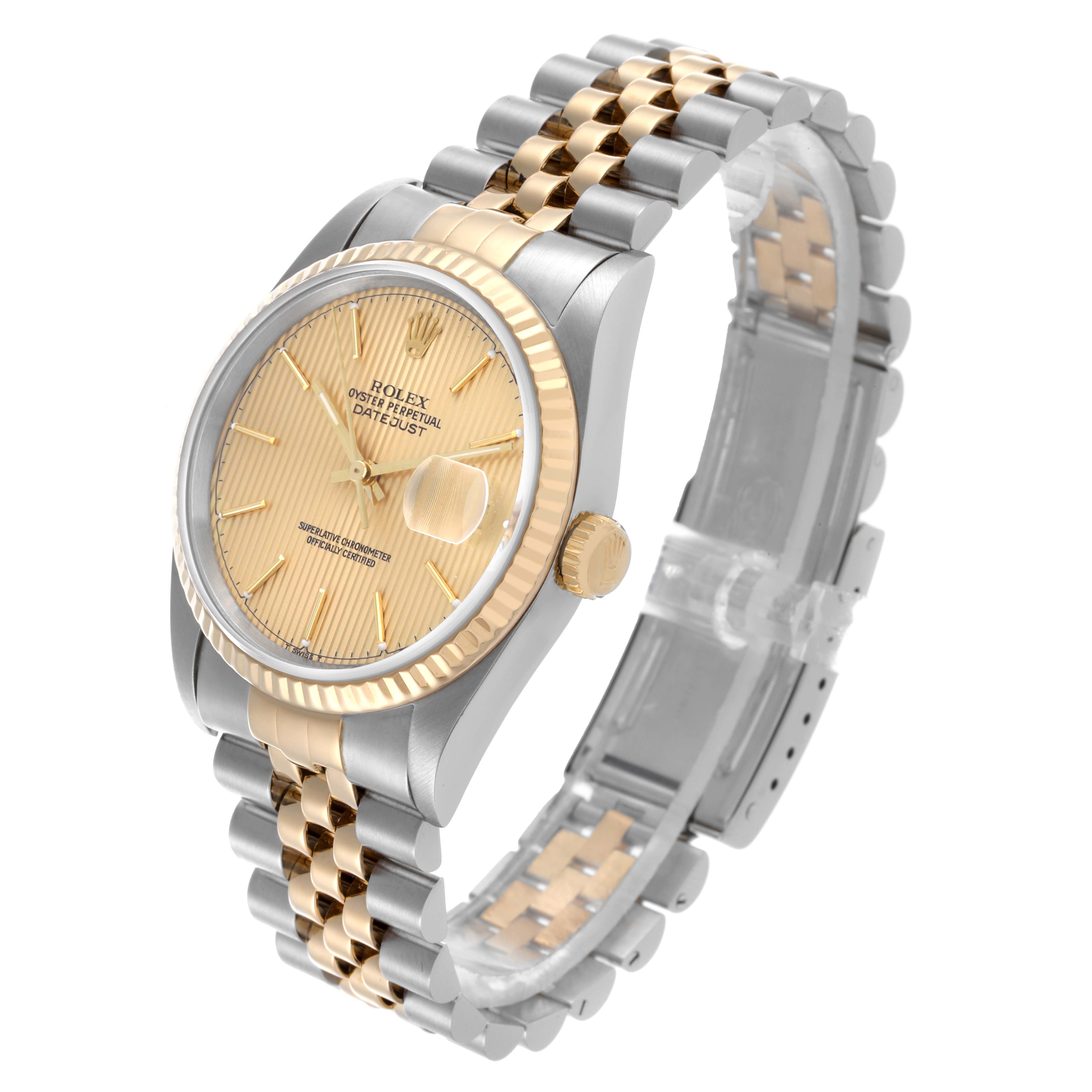 The Rolex Datejust 16233 Men's Steel and Gold (two tone) Champagne Dial 16233 Men's Steel and Gold (two tone) Champagne Dial watch is shown at a slight angle, highlighting the bezel, dial, crown, and jubilee bracelet.