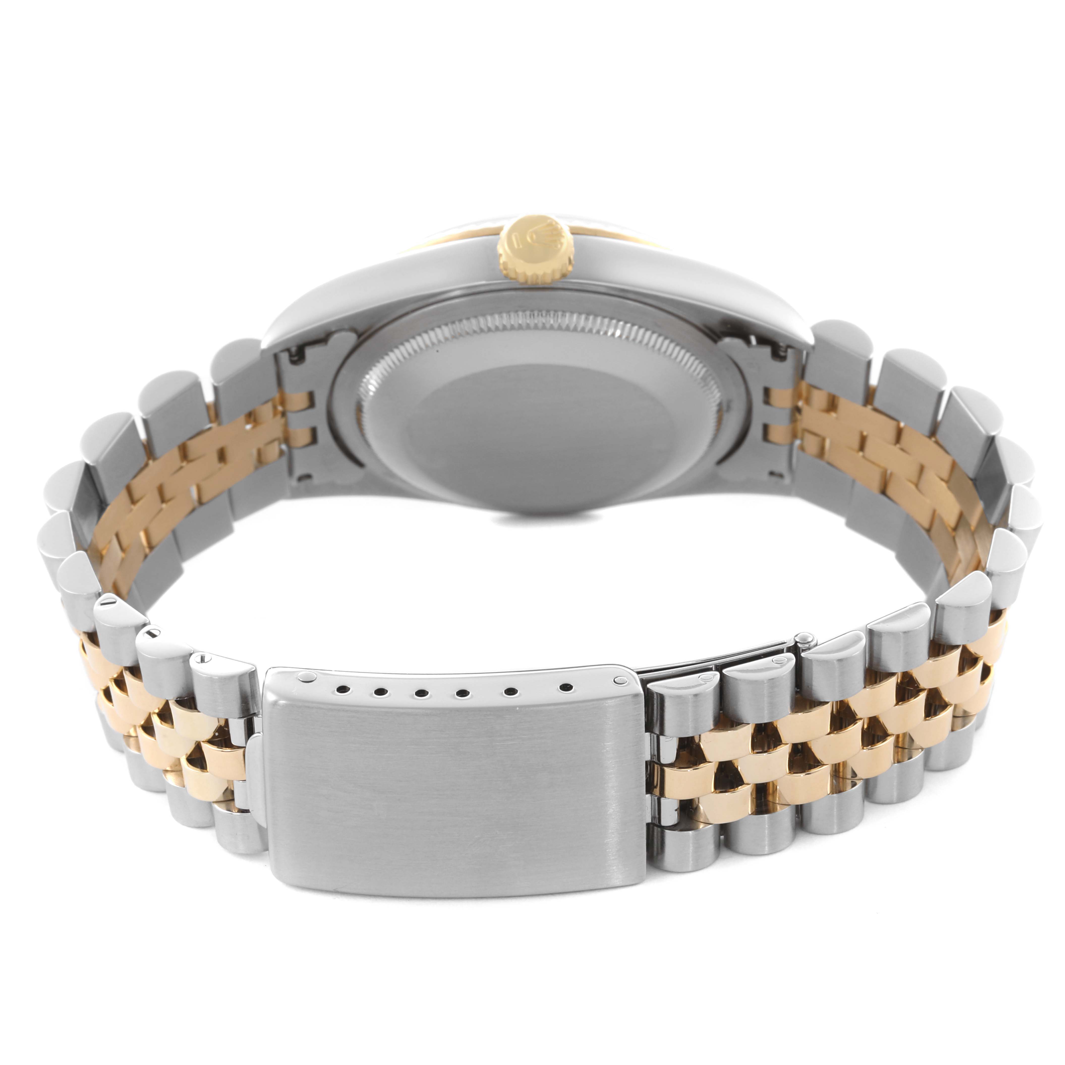 The Rolex Datejust 16233 Men's Steel and Gold (two tone) Champagne Dial 16233 Men's Steel and Gold (two tone) Champagne Dial watch is shown from the rear, highlighting the bracelet, clasp, and case back.