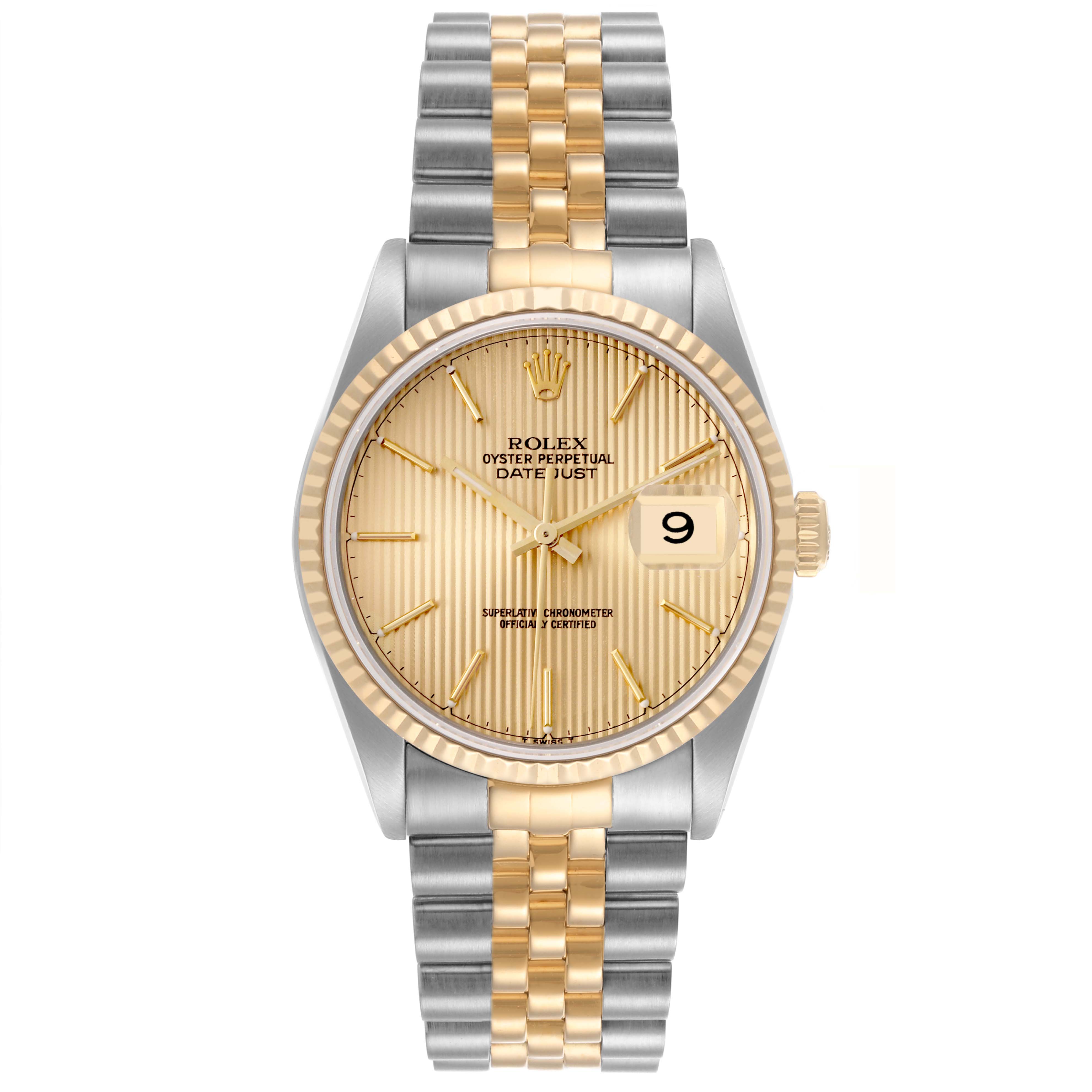 The Rolex Datejust 16233 Men's Steel and Gold (two tone) Champagne Dial 16233 Men's Steel and Gold (two tone) Champagne Dial watch is shown from a front angle, displaying its dial, bezel, and two-tone bracelet.