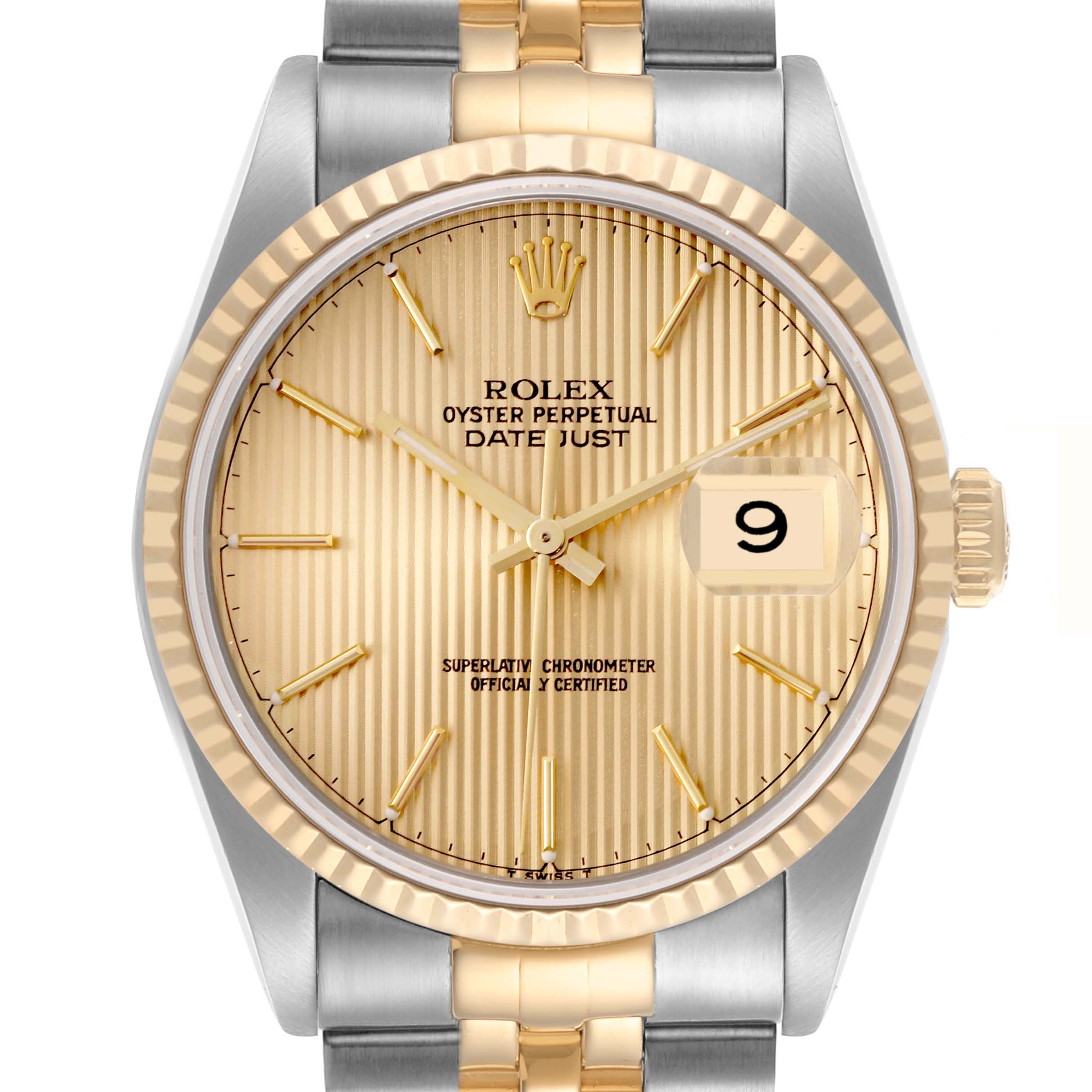 The Rolex Datejust 16233 Men's Steel and Gold (two tone) Champagne Dial 16233 Men's Steel and Gold (two tone) Champagne Dial watch is shown from a front angle, displaying its bezel, dial, and bracelet.