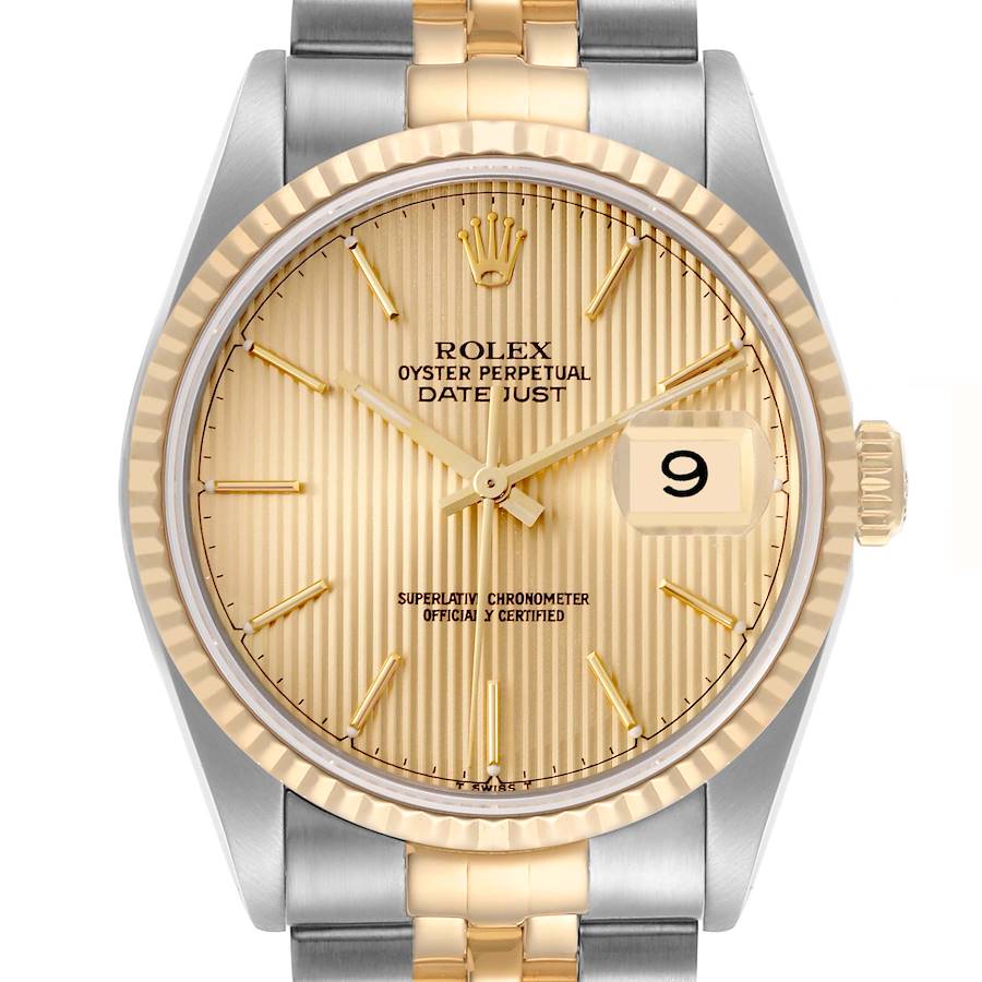 The Rolex Datejust watch is shown from a front angle, displaying its bezel, dial, and bracelet.