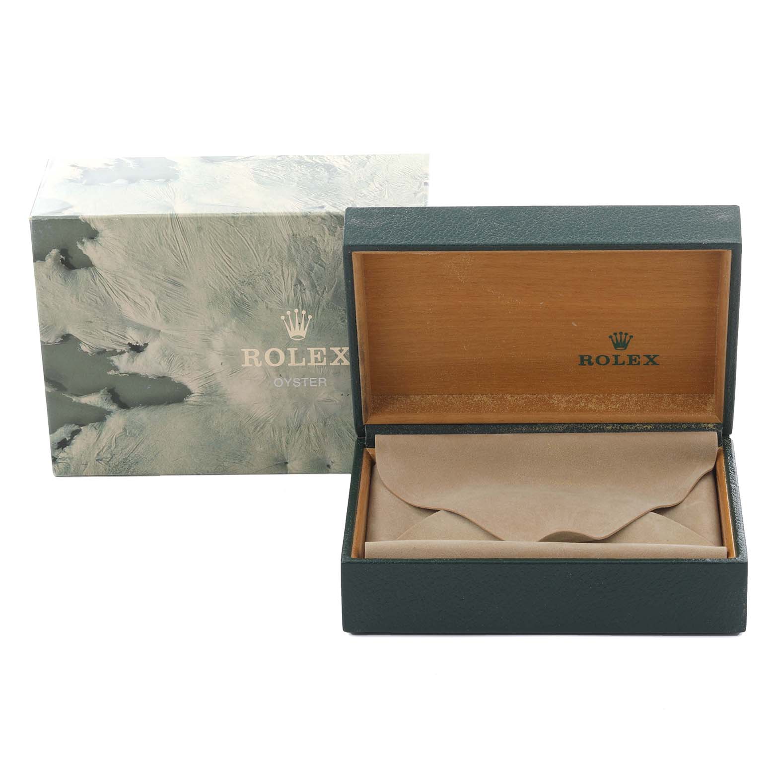 The image shows an open Rolex Datejust 16233 Men's Steel and Gold (two tone) Champagne Dial 16233 Men's Steel and Gold (two tone) Champagne Dial watch box and its outer green and white packaging.