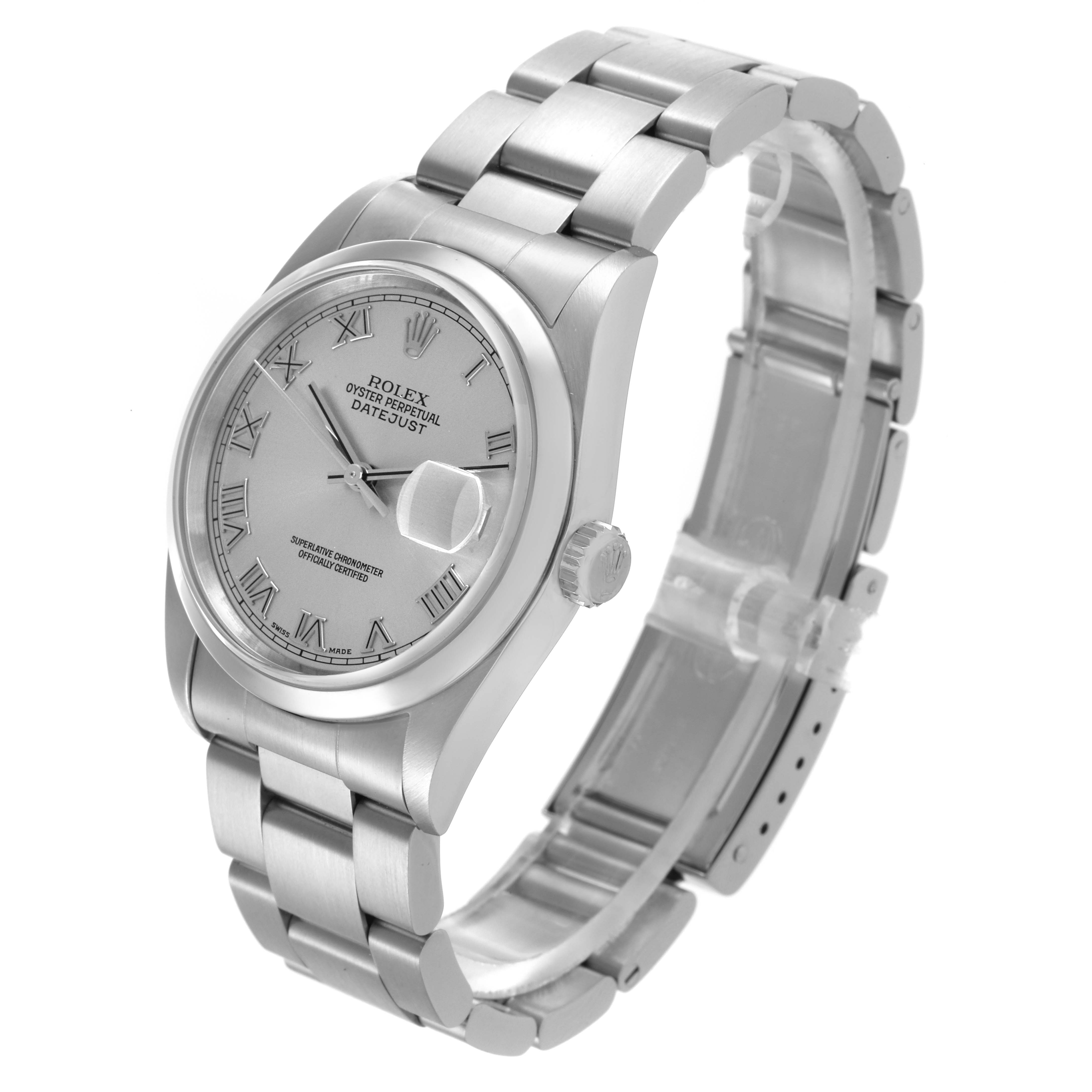 The Rolex Datejust 16200 Men's Stainless Steel Silver Dial 16200 Men's Stainless Steel Silver Dial watch is shown at a 3/4 angle, displaying the face, case, crown, and bracelet.