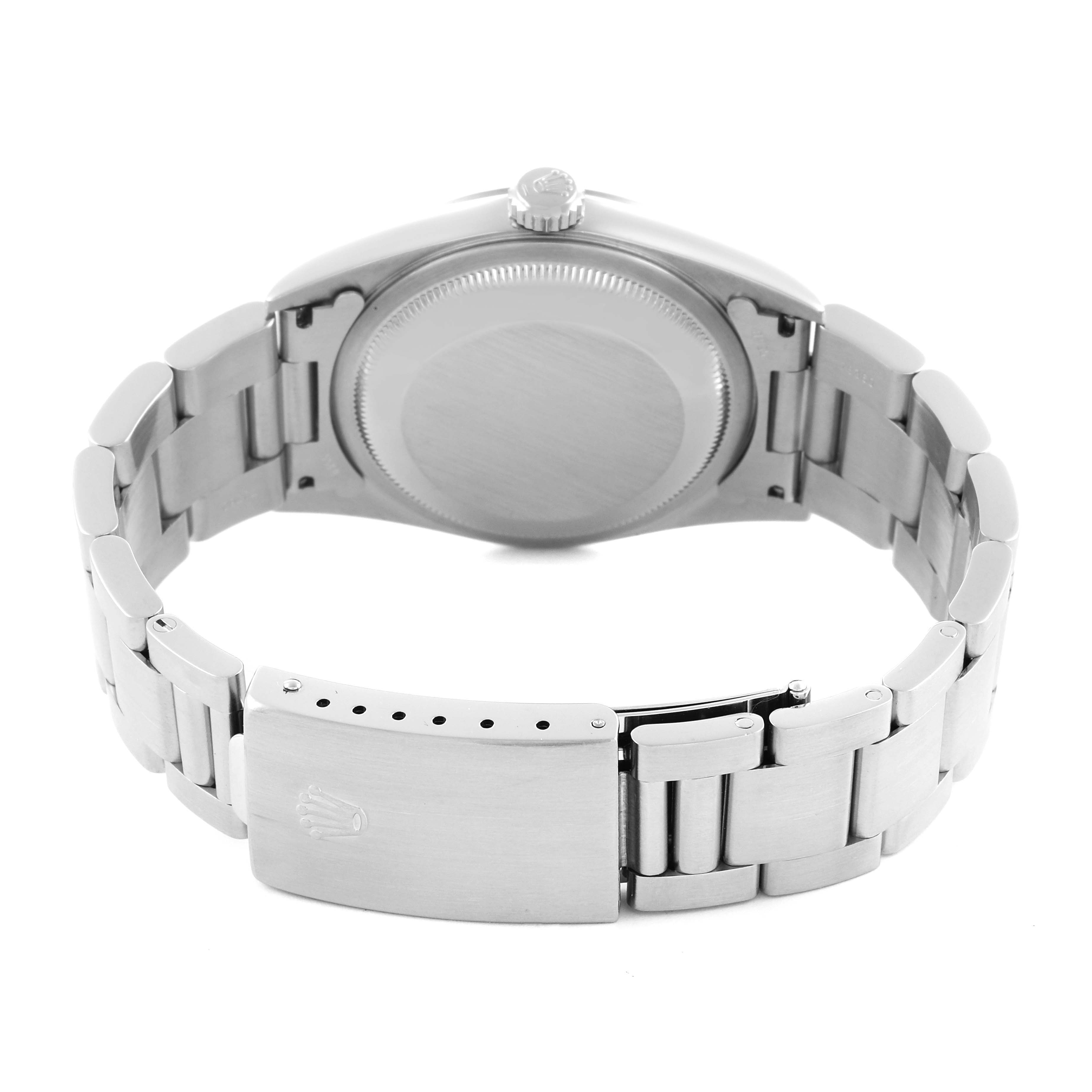 The image shows the back view of a Rolex Datejust 16200 Men's Stainless Steel Silver Dial 16200 Men's Stainless Steel Silver Dial watch, highlighting the clasp and bracelet.