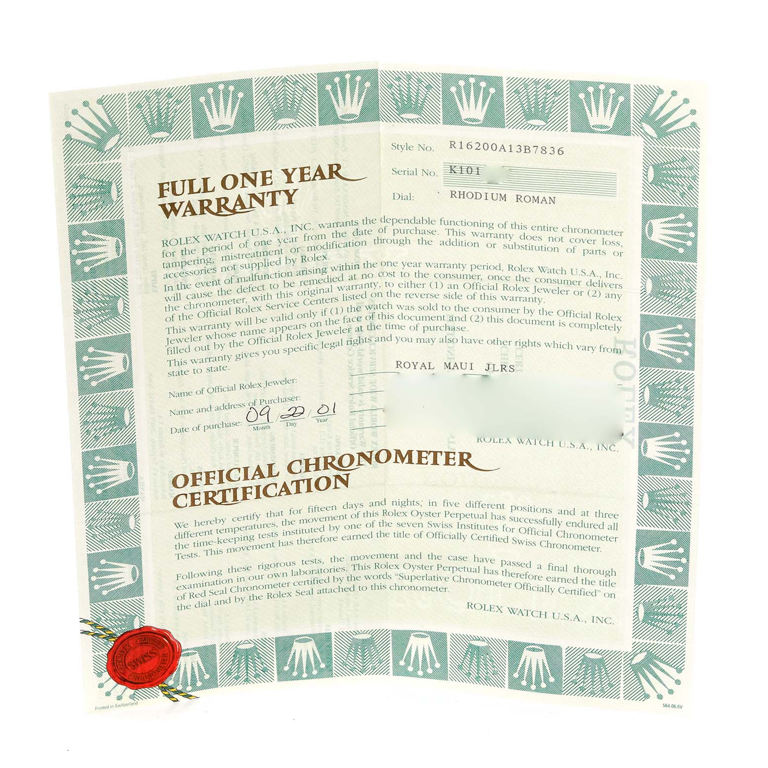 The image shows a Rolex Datejust 16200 Men's Stainless Steel Silver Dial 16200 Men's Stainless Steel Silver Dial warranty and chronometer certification document.