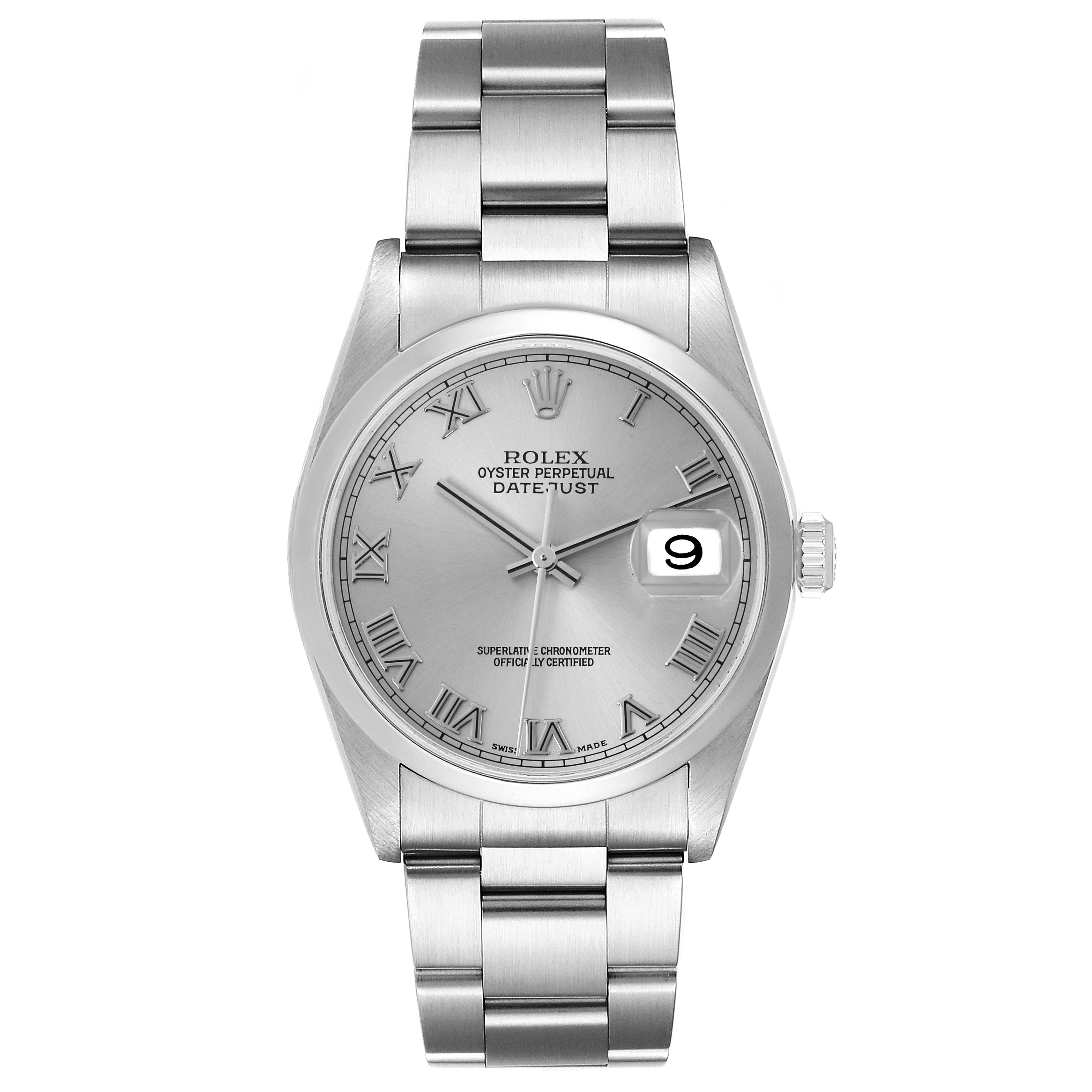 The Rolex Datejust 16200 Men's Stainless Steel Silver Dial 16200 Men's Stainless Steel Silver Dial watch is shown from the front, displaying the dial, bezel, and part of the bracelet.