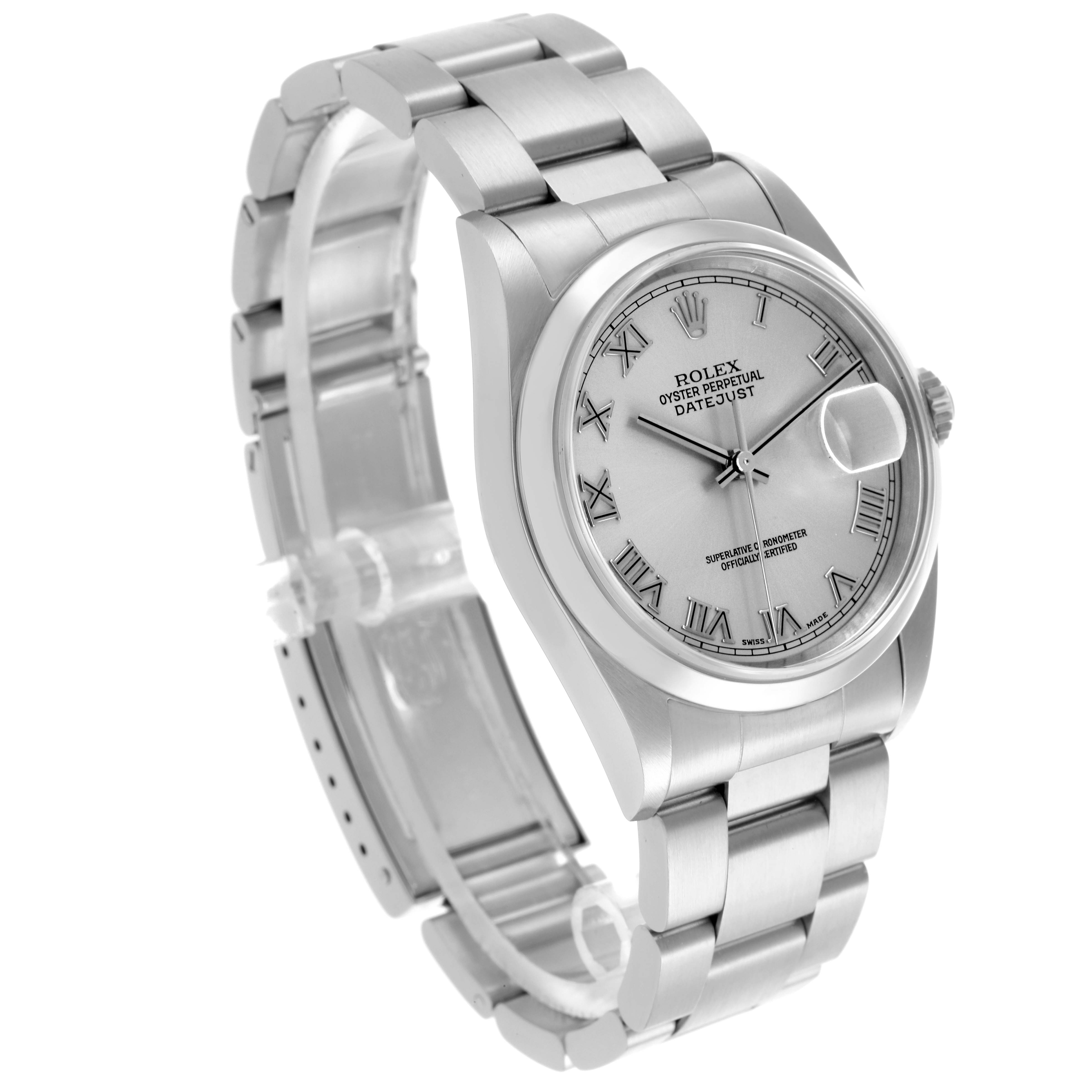 The Rolex Datejust 16200 Men's Stainless Steel Silver Dial 16200 Men's Stainless Steel Silver Dial watch is shown at a three-quarter angle, displaying the bracelet, bezel, and face with Roman numerals.