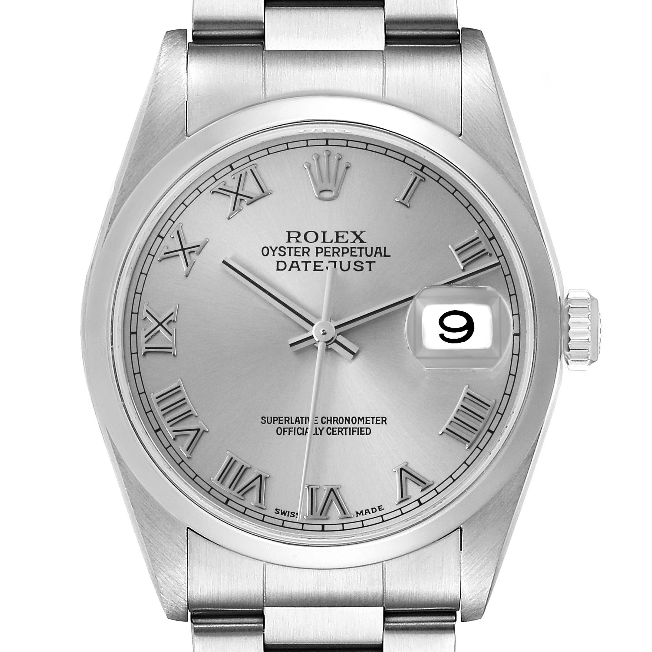 The Rolex Datejust 16200 Men's Stainless Steel Silver Dial 16200 Men's Stainless Steel Silver Dial watch is shown from the front, displaying the dial, hands, date window, and part of the bracelet.