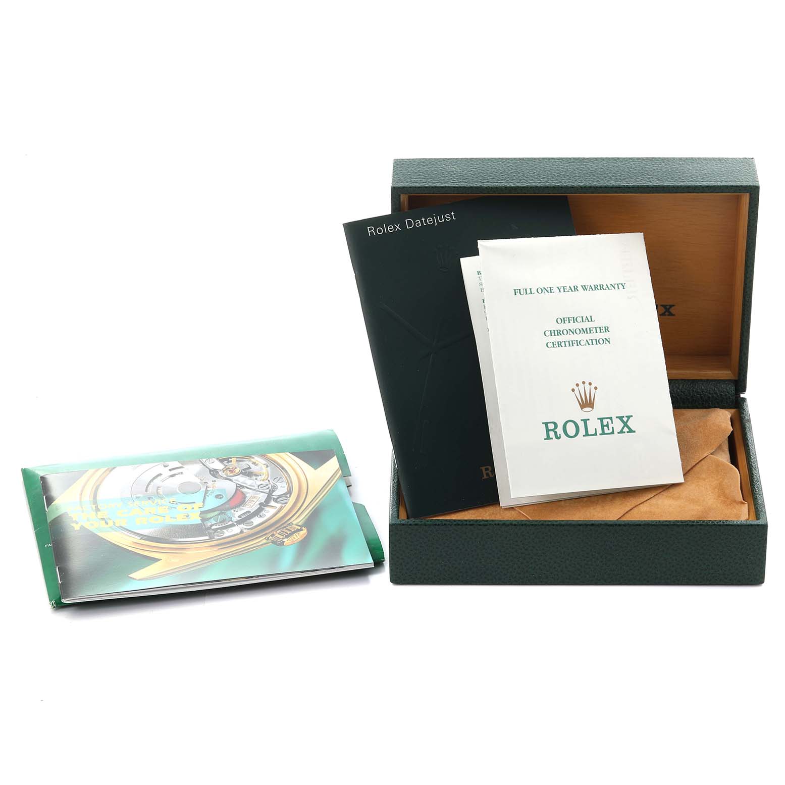 The image shows a Rolex Datejust 16200 Men's Stainless Steel Silver Dial 16200 Men's Stainless Steel Silver Dial box with manuals and warranty papers, viewed from an angled perspective.